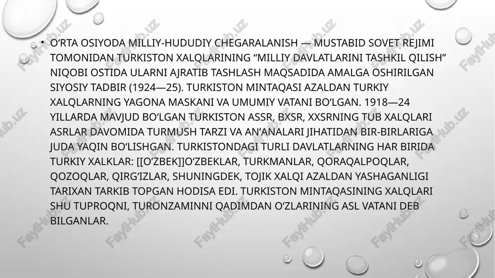 3-fevralda buxoroda maxsus qurilgan xalq uyida oʻzbekiston ssr sovetlarining 1qurultoyi ochildi. qurultoy 17-fevralda “[[oʻzbekiston sovet sotsialistik respublikasini tashkil etish toʻgʻrisida deklaratsiya” qabul qildi. oʻzssr oradan koʻp oʻtmay sssr tarkibiga qabul qilingan (1925-yil 13-may). oʻzssr tarkibida 1929-yilgacha tojikiston assr ham boʻlgan (yana qarang [[oʻzbekiston sovet sotsialistik respublikasi). qoraqalpoq avtonom oblasti (1925-yil 16-fevraldan) tuzilib, u dastlab qozogʻiston assr tarkibiga kirgan. keyinchalik qoraqalpoq avtonom oblasti (1932-yil rsfsr tarkibiga, 1936-yildan oʻzbekiston ssr tarkibida) qoraqalpogʻiston assr qilib qayta tuzildi (yana q. qoraqalpogʻiston respublikasi). oʻrta osiyo xalqlari uchun bu chegaralanish va tashkil etilgan yangi “milliy davlatchilik” ularning bundan keyingi taraqqiyotiga yangi nozik farqlarni olib kirdi. oʻzbekiston ssrning tuzilishi “oʻzbek xalqining milliy davlatchiligi tashkil qilindi”, degan fikrni anglatmaydi. sssr tarkibidagi oʻzssr amalda hech qanday suverenitet va mustaqillikka ega emas edi. oʻzssr tashkil etilayotgan vaqtlardayoq uning oldiga, asosan, markazning manfaatlariga xizmat qilish, sssrning markaziy rayonlariga xom ashyo yetishtirib berish kabi vazifalar qoʻyilgan edi. sssr inqirozga yuz tutgan va …