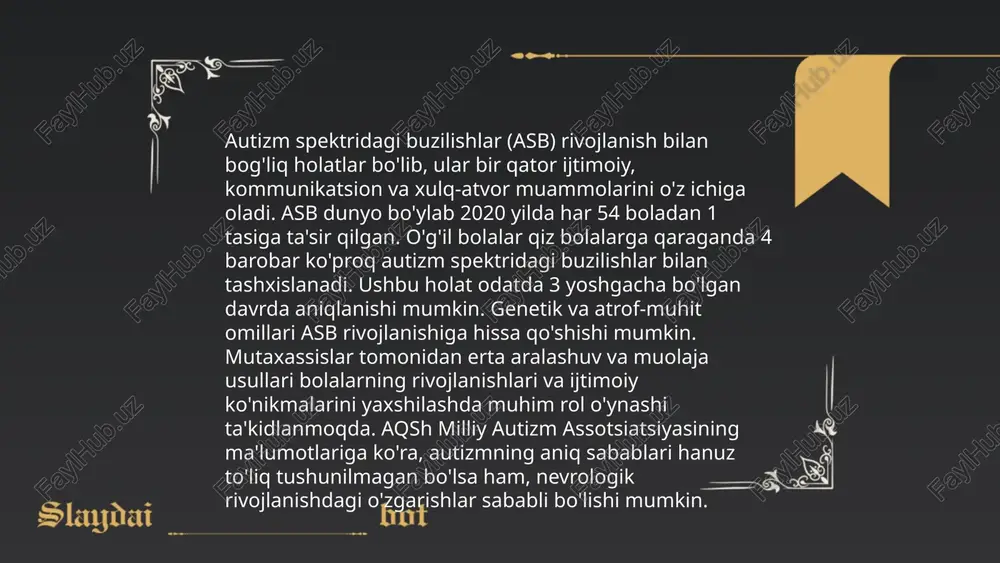 ni taqdim etadi. nutq terapiyasi orqali til va muloqot ko'nikmalari rivojlantiriladi. bundan tashqari, dir/floortime usuli hissiy va ijtimoiy rivojlanishni rag'batlantiradi. ushbu terapiyalar bolaning ehtiyojlariga qarab moslashtiriladi va odatda birgalikda qo'llaniladi. har bir usulning samaradorligi individual xususiyatlarga bog'liq va terapevtlar tomonidan tavsiya etiladi. ... t.me/slaydai_bot autizm spektrining buzilishi bolalar va kattalarda kommunikatsiya qobiliyatlariga sezilarli ta'sir ko'rsatishi mumkin. statistikaga ko'ra, autizm spektrida bo'lgan kishilarning 30% dan ortig'i og'zaki muloqotda qiyinchiliklarga duch keladi. ular muloqot jarayonida so'zlarni qayta ishlash va tushunishda qiyinchiliklar his qilishadi. ba'zi bolalarda talaffuz qilinadigan so'zlar kam yoki umuman yo'q, bu ularga g'oyalar va ehtiyojlarni ifodalashni qiyinlashtiradi. tadqiqotlar shuni ko'rsatadiki, autizmli bolalarning 25-50% i butunlay til taraqqiyoti bo'lmagan yoki cheklangan og'zaki muloqotga ega. muloqotni yaxshilash uchun maxsus o'quv dasturlari va terapiyalar qo'llaniladi, jumladan, abt (amaliy behavior tahlili) va nutq terapiyasi. texnologiya, aqlli qurilmalar ham kommunikatsiya vositasi sifatida qo'llaniladi. autizm sindrom musayeva nargiza e'tiboringiz uchun raxmat! image1.png image2.png image3.png presentation theme …