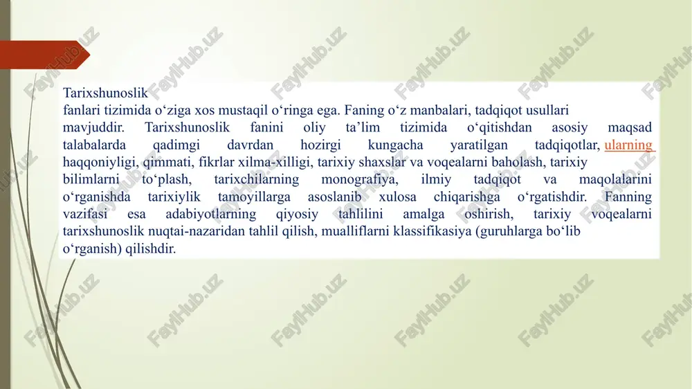 arixiy tafakkurning, bilimning darajasi, saviyasini belgilaydi. tarixshunoslikning rivojlanishida manbalar doirasining kengligi va o‘sha davrdagi tarixiy tadqiqot usuli asosiy omil hisoblanadi. tarixiy tadqiqot usullarining takomillashishi (masalan: tanqidiy yondashuv, tarixiy taqqoslash va boshqalar), yangi (epigrafik, arxeologik, numizmatik) manbalarning paydo bo‘lishi tarix fanining saviyasiga sezilarli ta’sir ko‘rsatdi. tarixshunoslik tarixning manbashunoslik, arxeologiya, etnografiya, numizmatika va lingvistika fanlari bilan chambarchas bog‘liq. image1.jpeg image2.jpeg ~ etiboringiz /docprops/thumbnail.jpeg ‘ex daviat unvertti tric fakutet 403-guruh talabas! kunvey sarcoming tatbshunosik vo manbashunossefanician fayyoriagan tagdimet | /