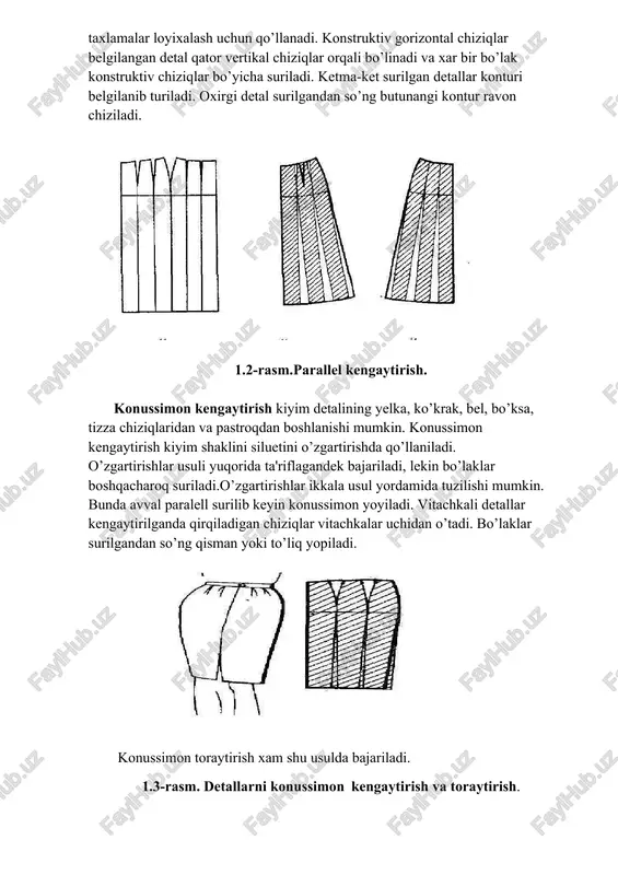 an yoki to’liq yopiladi. konussimon toraytirish xam shu usulda bajariladi. 1.3-rasm. detallarni konussimon kengaytirish va toraytirish. 1.4 rasm. parallel –konussimon kengaytirish. ayollar shimini konstruksiyasini qurish. ayollar shimini konstruksiyasini qurish uchun quyidagi o`lchamlar kerak bo`ladi. 1-jadval № o`lcham nomlanishi belgisi miqdori sm 1 bel yarim aylanasi st 36 2 buksa yarim aylanasi sb 48 3 shim yon chizig`i aylanasi di 102 4 o`tirish chizig`i uch 29 5 pocha kengligi pk 30 shim old yarim chizig`i to`rt burchak chizib, uchiga a nuqtani qo`yamiz (1.5-rasm). shimning uzunligi. a nuqtadan pastga 102 sm chiziq tortib n harfini qo`yamiz an=di=102sm. bo`ksa chizig`i. a nuqtadan pastga 18 sm o`lchab b nuqta hosil qilamiz. ab=18sm. b nuqtadan ixtiyoriy uzunlikda gorizantal chiziq tortiladi. o`tirish chizig`ining uzunligi. a nuqtadan pastga 30 sm uzunlikda chiziq tortib s nuqta qo`yiladi. as=uch+1=29+1=30sm. s nuqtadan o`ngga ixtiyoriy uzunlikda gorizantal chiziq tortamiz. tizza chizig`i. sn kesimi teng ikkiga bo`linib, bo`lish nuqtasidan yuqoriga 6 sm …