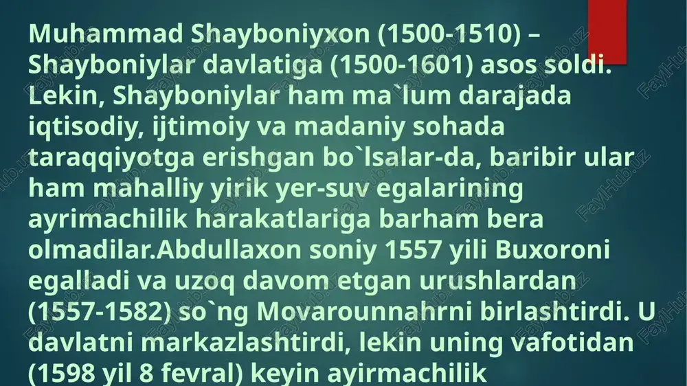 hohruhbiy buxorodan mustaqil bo`lgan qo`qon xonligi asos soldi. avvalgi qo`qon hukmdorlari o`zlarini «beklar» yoki «biylar» deb atar edilar. ular ichida olim (1798-1810) birinchi bo`lib o`zini «xon» deb atadi. muhammad alixon (1822-1842) davrida esa qozoqlar, qirg`izlar va tojiklar yashaydigan hududlarni ham egallagach, qo`qon xonligi juda keng va kuchli davlatga aylandi.shunga qaramay, qo`qon tarixnavislik maktabi xonlik tashkil topganidan ancha keyin shakllana boshladi. ilk tarixiy asar qo`qonda 1237/1823 yilda bitildi. muallifi – mirzo qalandar isfaragiy. u umarxon (1810-1822) saroyida muarrix va shoir mushrif nomi bilan ham tanilgan. asar «shohnomai umarxoniy», «shohnoma», shuningdek, «tarixi amir umarxoniy», «shohnomai nusrat payom» kabi bir necha nomlar bilan atalgan.mushrifning mazkur asari «umarnoma» manzumasining nasriy bayonidan iborat bo`lib, «umarnoma»ning o`zi «fazliy» taxallusi bilan mashhur bo`lgan shoir abdulkarim namangoniy qalamiga mansubdir. fazliyning ushbu asari ham 1237/1823 yilda bitilgan. boshqacha aytganda, fazliy o`z manzumasini tugatgan zahotiyoq, umarxon manzumaning nasriy bayonini tayyorlash uchun mushrifga ko`rsatma bergan. sababi manzulga tilining og`ir ekanligidan bo`lsa …