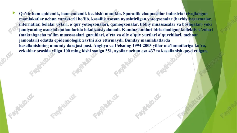 da yo’llarni shakllantirishni boshlaydi. yana 3-4 kundan so’ng, lichinkalar po’st tashlaydi va protonimfga, ular esa o’z navbatida 2-5 kun ichida teleonimfga aylanadi. teleonimfa 5-6 kun ichida yetuk erkak yoki urg’ochiga aylanadi. shunday qilib yetuk kananing shakllanishi 10-14 kun ichida sodir bo’ladi. kana rivojlanishining har qanday bosqichida yuqumli bo’lishi mumkin, lekin ko’pincha odamdan odamga qo’tir urug’lantirilgan yetuk urg’ochi kanalar bilan yuqadi. kana kunduzi faol emas. urg’ochi yo’lni kechqurun «qazishni» boshlaydi; shu vaqt odatiy shakldagi qo’tiri bo’lgan bemorlarda qichishish kuchayadi. kechasi urg’ochilar teri sirtiga chatishish yoki tananing boshqa qismlariga o’tish uchun chiqadi (iliq terida daqiqasiga 2,5 sm tezlikda harakat qiladi). o’shanda yuqtirib olish uchun eng qulay vaziyat bo’ladi. qo’tirda klinik tasvir kana hayot faoliyati mahsulotlariga xo’jayin organizmining immun-allergik reaktsiyasi tufayli yuzaga keladi, shuning uchun barcha simptomatika bemorni sensibilizatsiyasidan keyin rivojlanadi. bu kasallikning dastlabki belgilari paydo bo’lishidan oldin uzoq asimptomatik davrini (4 haftagacha) tushuntiradi. qayta zararlangan hollarda patogenga reaktsiya 24 soat ichida rivojlanishi …