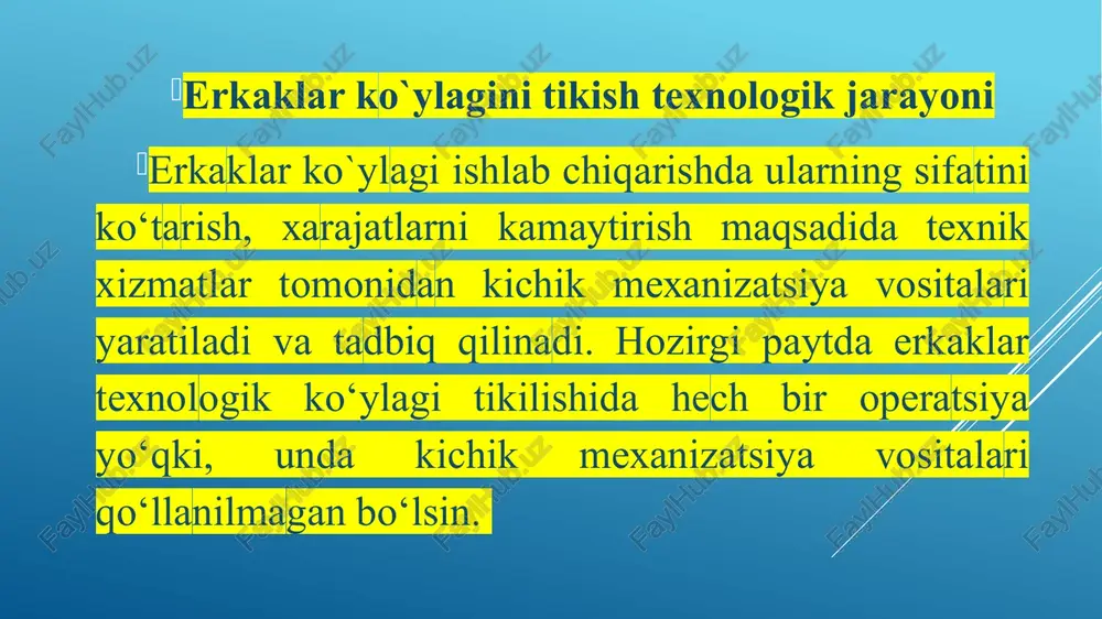 biriktirma manjetlar, buklamalar, vitachkalar va hokazolar bo‘ladi. bunday ko‘ylaklar bezaklarida: trikotaj polotnosi, gazlama, charm va hokazolar qo‘llaniladi. shakl va kompozitsiyani hal qiluvchi konstruktiv chiziqlar oddiy va aniq bo‘ladi. sport uslubidagi ko‘ylaklar yuqori qismi erkin shaklda bo‘lib pastga qarab kengayadi va belbog‘ yordamida ular yana ham bo‘rttiriladi. fantaziya uslubidagi ko‘ylaklar o‘zini turli shakl va bichilishida bo‘rttirilgan bezaklar, ya’ni drapirovka, kashta, har xil rangdagi gazlamalarni o‘zaro uyg‘unlashuvi bilan ajralib turadi. romantik uslubidagi ko‘ylaklar nozik va lirik shaklga ega bo‘lib, ularda tarixiy kiyimlardagi namunalarni ko‘rish mumkin, ular kiyimga yanada joziba beradi. vazifasiga ko‘ra ayollar ko‘ylaklari uy kiyimi, kundalik kiyimi va tantanalarga kiyadigan bayram liboslariga bo‘linadi. uy kiyimlari uy ishlarini bajarishda va dam olishda qulay va zamonaviy bo‘lishi zarur. kundalik (yoki ishga kiyadigan) ko‘ylakda ayol kunning ko‘p qismida yuradi. bu ko‘ylak ham qulay, oddiy, ko‘zga tez tashlanmaydigan va shu bilan birga zamon talabiga javob berishi kerak. bayram liboslarini faqat tantana, to‘yxonalarga kiyiladi. bu libosni …