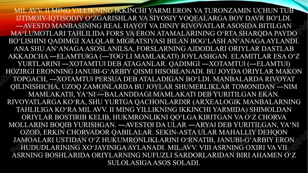 i‖, ―buyuk ipak yo‘li‖, ―nefrit yo‘li‖ va b.) mamlakatlar iqtisodiy hayotida katta o‘rin tutgan. ana shu yo‘llarning muayyan qismini nazorat qilish (chunki undan katta daromad kelardi) va nazorat hududlarini kengaytirish maqsadida turli bahona va sabablar qidirilib, asosiy maqsad yo‘lida mamlakatlararo urushlar bo‘lib turgan. ana shunday jangu-jadallardan biri mil.avv. vi-iv asrlarda qadimgi forslar bilan yunonlar o‘rtasida olib borilgan urushlar edi. qadimgi dunyoning bu ikki buyuk imperiyasi (ahamoniylar va yunoniston) o‘rtasida boshlangan urushlarda o‘rta osiyoning qadimgi xalqlari ham qatnashganlar. shu munosabat bilan yunon mualliflari o‘rta osiyo xalqlari haqida tarix uchun qimmatli ma‘lumotlar qoldirganlar. ayniqsa, qadimgi yunonistonning yuksak ilmiy va madaniyat markazlaridan bo‘lgan kichik osiyo shaharlari, ulardan chiqqan olim-u fuzalolar, eron va turonzaminning qadimgi xalqari haqida ko‘p qiziqarli ma‘lumotlar beradilar. qang’ davlati. xitoy manbalarida qang‘ davlati kanguy yoki kantsuy deb atalgan. xitoy tarixchisi sima syan o‘z xotiralarida kanguylarning joylashishi, harbiy kuchi, urf-odati, ularga qo‘shni xalqlar haqida qisqacha ma‘lumot beradi.kanguylar haqida batafsil ma‘lumot ban …