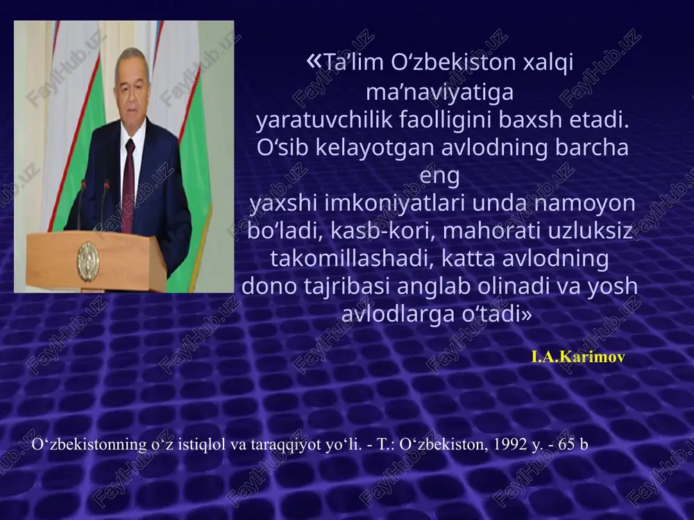 topishini ta‘minlashga yo`naltiriladi, uning shaxsiga nisbatan hurmat bilan yondashiladi. ta‘lim va tarbiyani demokratlashtirishning mazmuni shundan iboratki, ta‘lim-tarbiya mazmunining ochiqligi, o`quv materiallari, ta‘lim shakl va metodlarining xilma-xilligi, milliy va hududiy xususiyatlarning inobatga olinishi, hammaning va xar kimning madaniy jihatdan yuksak natijalarga erishishini ta‘minlashga imkon beradi. ta‘lim tizimining uzluksizligi va izchilligi tamoyili respublikada uzluksiz ta‘lim tizimining barcha bosqichlari o`zaro aloqadorlik va bog`liqlik asosida faoliyat yuritishlarini ifodalaydi. umumiy o`rta ta‘lim maktablarining o`quv dasturlari akademik litsey va kasb-hunar kollejlarining, o`z navbatida ularning o`quv dasturlari oliy o`quv yurti o`quv dasturlari bilan mutanosiblikda yaratilib, biri o`zidan avvalgi bosqichda o`zlashtirilgan ma‘lumotni boyitadi va rivojlantiradi kadrlar malakasini oshirish va ularni qayta tayyorlash mutaxassislarning kasb bilimlari va ko`nikmalarini yangilash hamda chuqurlashtirish maqsadida tashkil etiluvchi ta‘lim bosqichi. kadrlar malakasini oshirish va ularni qayta tayyorlash ta‘lim muassasalaridagi o`qish natijalariga ko`ra davlat tomonidan tasdiqlangan namunadagi guvohnoma va sertifikat topshiriladi. maktabdan tashqari ta‘lim madaniy-estetik, ilmiy, texnikaviy, sport va boshqa yo`nalishlarda yo`lga qo`yiluvchi, bolalar …