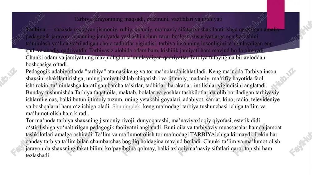 a yuksalib borishi lozim. buning uchun yosh avlod moddiy va maʼnaviy boyliklar yetishtirishni ajdodlari darajasida, ulardan ham yaxshiroq ishlab chiqara bilishlari kerak. yosh avlodda ana shunday moddiy va maʼnaviy qobiliyatlarni shakllantira bilish uchun esa, jamiyat uzluksiz ravishda samarali faoliyat koʻrsatadigan tarbiyaviy intlar tizimiga ega boʻlishi lozim. tarbiyajamiyat taraqqiyotining turli davrlarida turlicha izoxdab kelingan. shoʻro zamonida hukmron kommunistik mafkura tarbiyaga sinfiy va partiyaviy hodisa sifatida yondashishni talab etgan. shuning uchun ham sinfiy jamiyatda tarbiyafaqat sinfiy xususiyatga ega boʻladi va turli sinflarning tarbiyasi bir-biriga qaramaqarshi turadi degan qarash qaror topgan. holbuki, dunyo ilmi, ayniqsa, sharq tarbiyashunosligi va oʻzbek xalq ped.si tajribasi tarbiyaning sinfiy koʻrinishga ega emasligini isbot etdi. tarbiya jarayonining o’ziga xos xususiyatlari. tarbiya orqali xar kanday odamni istagan ijtimoiy kiyofaga solish mumkin degan karash hukmron boʻlganligi uchun ham uning shaxsni shakllantirishdagi oʻrniga oshiqcha baho berildi. tarbiyalanuvchi shaxsining tarbiyaga berilish yoki berilmaslik xususiyatlarining hisobga olinmasligi tarbiyaviy tadbirlarga maxliyo boʻlishdek pedagogik xatolikka olib …