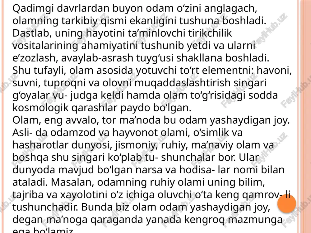 «yo‘qlikka chekindi», mavjud emas, deyiladi. lekin sof falsafiy ma’noda bu fikrni to‘g‘ri deb bo‘lmaydi. borliq va yo‘qlik o‘rtasida dialektik o‘zaro aloqa mavjud. image2.png image3.png image4.png image5.png image6.png image7.png image8.png image9.png image10.png image11.png image12.jpeg image13.jpeg image14.jpeg image15.jpeg image16.jpeg olamning asosida yotuvchi mohiyatni axtarish tarixi ham fanning uzoqg o'tmishiga borib taqaladi. masalan. qadimgi hindiston va xitoy da. misr va bobilda. qadimgi o'rta osivo va yunonistonda ba'zi favla ar olamnin asosida qandavdir modda voki muavvan unsur yotadi, deb hisoblashgan.ularning ba'zilari bu nsurni olov, boshqalari suv yoni _hav avrimlari esa — roqdan iborat deb hisoblashgan. ba'zi bir falsafiy ta'limotlarda esa. olamning asosida — olov, havo, suv va mada v. sivili ee * madaniyatshunoslik tarixida madaniyatning mohiyatini bilishga turlicha metodologik nuqtai naz. an yondashib kelindi .m. aaa sb alistik yondashish —har bir | formatsiya, ishlab chiqarish usul o’ziga xos madaniyat yaratadi ,degan g’oyaga asoslanar’manaviy madaniyatga nisbatan moddiy madaniyatni ustun qo’yar , har bir milliy madaniyatning …