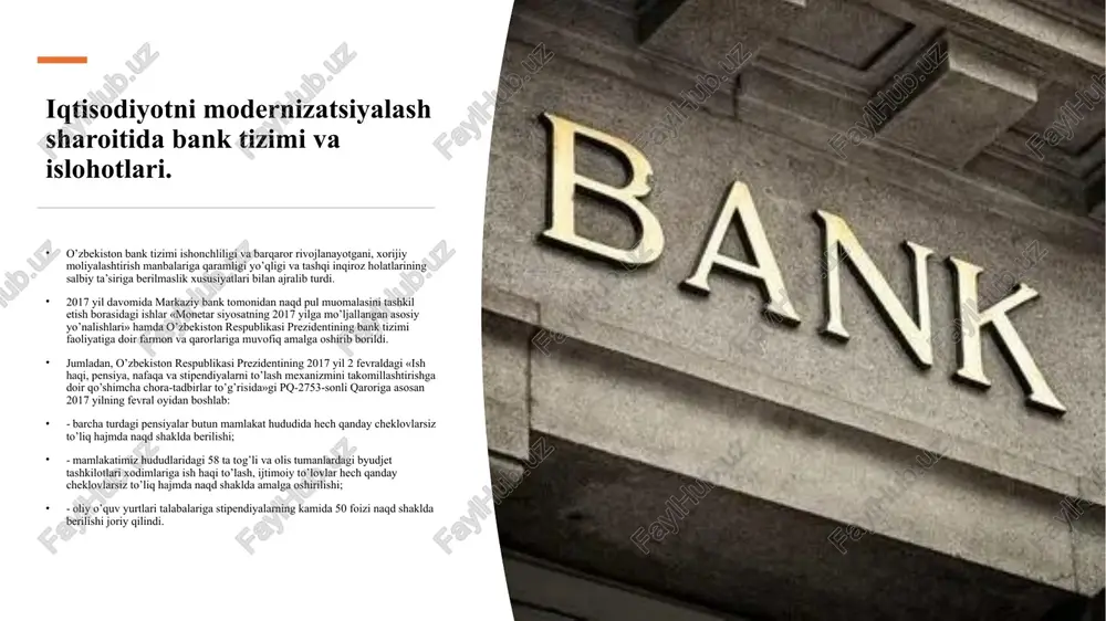 bi. bank, shu jumladan chet el banki, o’zbekiston respublikasida o’z faoliyatini o’zbekiston respublikasining markaziy banki tomonidan beriladigan litsenziya asosida amalga oshiradi. litsenziyada bank bajaradigan operatsiyalar ro’yxati ko’rsatiladi. litsenziyasiz amalga oshiriladigan bank faoliyati gayrikonuniy deb xisoblanadi va bunday faoliyat natijasida olingan daromad davlat byudjetiga olib ko’yilishi lozim. banklar o’z ustavlari asosida faoliyat ko’rsatadilar. bank ustavida: bankning (to’la va qisqartirilgan) nomi va qaerda joylashganligi (pochta manzili); bank operatsiyalarining ro’yxati; ustav kapitalining miqdori, muassislar ro’yxati va ustav kapitalidagi ulushlarning taqsimoti; bankning boshqaruv organlari, ularni tashkil etish tartibi, ularning vakolatlari hamda vazifalari haqidagi ma’lumotlar; bank auditi tartibi, shu jumladan, buxgalteriya hisobi xalkaro standartlariga muvofiq belgilangan hisobotlar va auditorlik dasturlarining maqsadlari ko’rsatilgan bo’lishi lozim. tijorat banklarini ochish uchun ustav fondining minimal miqdori va uning ahamiyati. tijorat banklarining barqarorligida ularning ustav kapitali muhim o’rin tutadi. shakllangan kapital yildan-yilga iqtisodiy normativlarning barcha parametrlarini bajarilishini to’liq ta’minladi, yana shu bilan birga, u o’rnatilgan minimal belgilardan bir necha baravar …