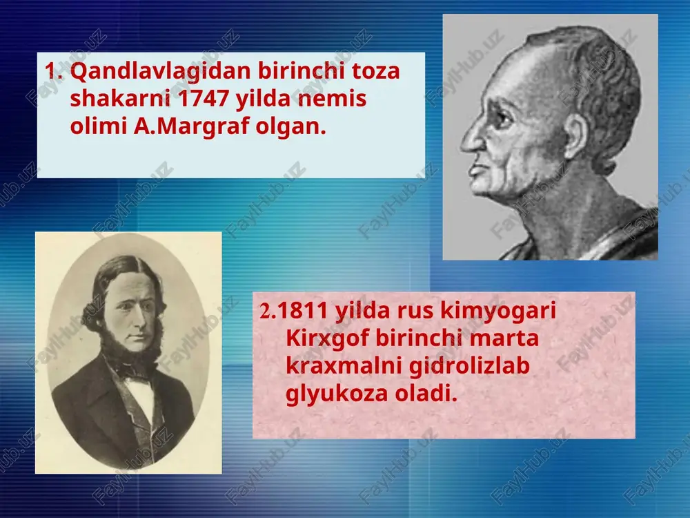 ijasida hosil bo’ladi va maltaza fermenti ta’sirida ikki molekula glyukozaga aylanadi. gidrolizi kimyoviy xossalari laboratoriya ishi disaxaridlarda gidroksil gruppalari borligini isbotlash kerakli asboblar: 1. shtativ probirkalari bilan. reaktivlar: 1. saxaroza, 1% li eritma. 2. laktoza, 1% li eritma. 3. maltoza, 1% li eritma. 4. natriy ishqori, 10% li eritma. 5. mis (ii)-sul`fat, 5% li eritma. ish yo`li: birinchi probirkaga saxarozaning 1% li, ikkinchi probirkaga laktoza yoki maltozaning 1% li eritmasidan 4-5 tomchidan solib, har birining ustiga 10-12 tomchidan natriy ishqorining 10% li eritmasidan tomizib ikkala probirkani chayqatib aralashtiramiz. ikkala probirkaga 4-5 tomchi mis (ii)-sul`fatning 5% li eritmasidan qo`shsak hosil bo`layotgan mis (ii)- gidroksidining zangori cho`kmasi erib disaxaridlar bilan mis (ii)- kompleks tuzining tiniq ko`k rangli eritmasi hosil bo`ladi. bu disaxaridlarning ko`p atomli spirtlar kabi gidroksil gruppalariga ega ekanligini ko`rsatadi. keyingi tajriba uchun saqlab qo`yamiz. tajriba ximizmi: mis (ii) - gidroksidi bilan disaxaridlar erkin gidroksil gruppalari hisobiga glyukoza kabi suvda yaxshi …