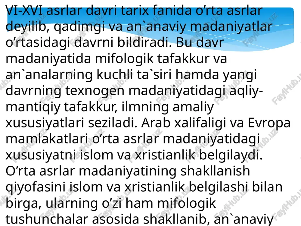 png image7.png image8.png image9.png image10.jpeg image11.jpeg image12.jpeg image13.jpeg image14.jpeg vatanimizning ma’naviy meroslari bor ekan, jamiyat ko‘rkamlashadi, insonlarning -- ma’naviy olami boyiydi hamda farzandlar barkamol shaxs bo‘lib yetishadilar. diniy va dunyoviy ilmlarning asoslari mana shu zaminda yaratilgan, sayqal topgan. ma naviy meros —_ ma’naviy taraqqiyot manhsuft, mson aqi- zakovati bilan yaratilgan, kelajak ; avlodni ézgu taraqqiyot sari yetaklash xususiyatiga ega bo‘lgan, kishilarning,ongi, va dunyogarashining o‘sishi, ajdodlardan aviodlarga o‘tib kelayotgan azaliy qadriyatlar maimuini ifodalavdiaan qadriyatlar ichida@eng birinchi va eng umumiysi hayotning ozidir, chunki-hayotdan maxrum bo'lish qolgan barcha qadriyatlardan foydalanishni yo'qqa chiqaradi. qadriyatlar o'zining mohiyatiga ko'ra bir necha turga bo'linadi. inson va uning hayoti eng oliy qadriyat hisoblanadi. inson yo'q joyda biron narsaning qadr-gimmati haqida so'zlash joiz emas. o‘zbek oilalari totuvligi, bolajonligi, yaqin birodarlar va qarindosh- urug‘larga nisbatan o‘zaro hurmatda bo‘lish, mehr-oqibat rishtalarining mustahkamligi va boshqa oilaviy qadriyatlarning, ustunligi bilan ham dunyodagi ko‘ ‘pgina millat, xalqlardan oilaviy tarbiyada ota-ona va farzandlar munosabati alohida …
