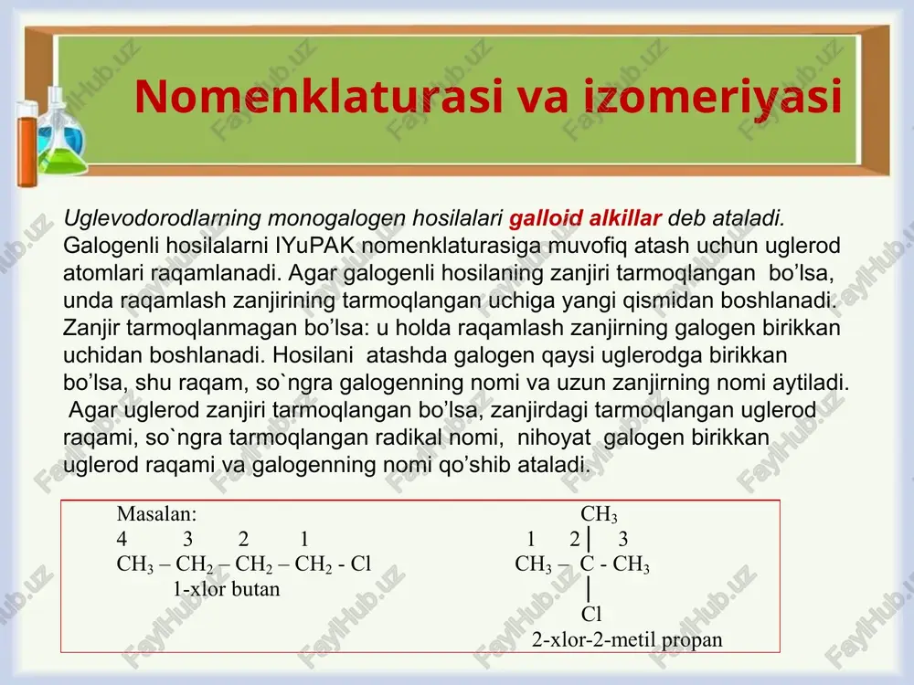 sanoatda olinishi: ch4 + cl2 → ch3cl + hcl ch3cl + cl2 → ch2cl2 + hcl ch2cl2 +cl2 → chcl3 + hcl chcl3 + cl2 → ccl4 + hcl xloroform (trixlormetan, metiltrixlorid, xladon-20) organik kimyoviy birikma bo’lib, formulasi chcl3. oddiy sharoitda rangsiz uchuvchan suyuqlik bo’lib, shirin ta’mli efirning hidi keladi. suvda deyarli erimaydi.yonmaydi. xloroform xloroform birinchi marta 1831 yilda kauchuk erituvchisi sifatida samuel gutri, keyinchalik esa libix va subereynlar tomonidan olingan. uning formulasini fransuz kimyogari dyuma aniqlagan va unga 1834 yilda “xloroform” deb nom bergan.bunday nom berishiga sabab, u gidrolizlanganda chumoli kislota hosil qiladi( lotin tilida formica «chumoli» degan ma’noni anglatadi). 1847 yilda akusher djeyms simpson birinchi marta xloroformdan narkoz sifatida foydalangan. xloroform (trixlormetan, metiltrixlorid, xladon-20) organik kimyoviy birikma bo’lib, formulasi chcl3. oddiy sharoitda rangsiz uchuvchan suyuqlik bo’lib, shirin ta’mli efirning hidi keladi. suvda deyarli erimaydi.yonmaydi. xloroform xloroform birinchi marta 1831 yilda kauchuk erituvchisi sifatida samuel gutri, keyinchalik esa libix …