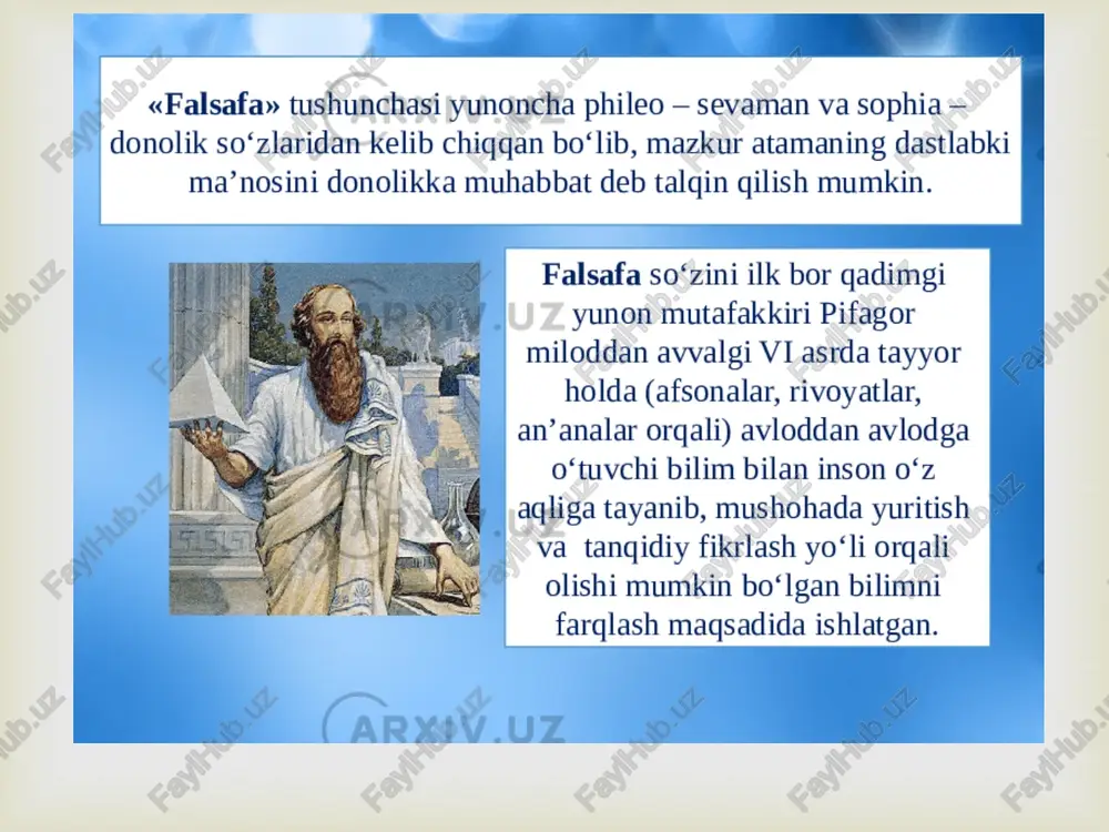 rashlarni oʻrtaga tashlaydi. beruniy dunyo tarixshunosligida asotirlar, afsonalar va rivoyatlardan ilmiy bilish hamda dunyoviy taʼlimotga oʻtishda muhim hissa qoʻshdi. sharq tarix falsafasi bir necha yoʻnalishda koʻzga tashlanib, voqealar tahlili ibratli hikoyalar, pand-nasihatlar, yuksak axloqiy meʼyorlar bilan mushtarak holda olib boriladi. ayrim hollarda tarixga geografik-hududiy jihatdan yondashiladi. sayohatnomalar orqali jamiyat tarixi yaratiladi, podshohlarning boshqaruv usuli, siyosati, uning mohiyati ochib beriladi     islom falsafasi---bu islom an'analariga mansubligi bilan ajralib turadigan falsafadagi rivojlanishdir.arab tilida lotin tiliga“falsafa”deb tarjima qilingan ikkita atama bor va ular “falsafa”,ya’ni falsafa bilan bir qatorda mantiq,matematika va fizika hamda “nutq ilmi”ga ham tegishli;bu diniy e'tiqodlarni mantiqiy dalillar bilan isbotlashni maqsad qilgan fanga ishora qiladi. ilk islom falsafasi islom taqvimining ii asrida(milodiy ix asr boshlarida)yoqub ibn ishoq al-kindiy bilan boshlanib,hijriy vi asrda (milodiy xii asr oxiri) ibn rushd bilan yakunlangan bo‘lib,u keng ko‘lamda bir vaqtga to‘g‘ri kelgan.islom uchun oltin asr deb nomlanuvchi davr bilan.ibn rushdning o'limi islom falsafasining …