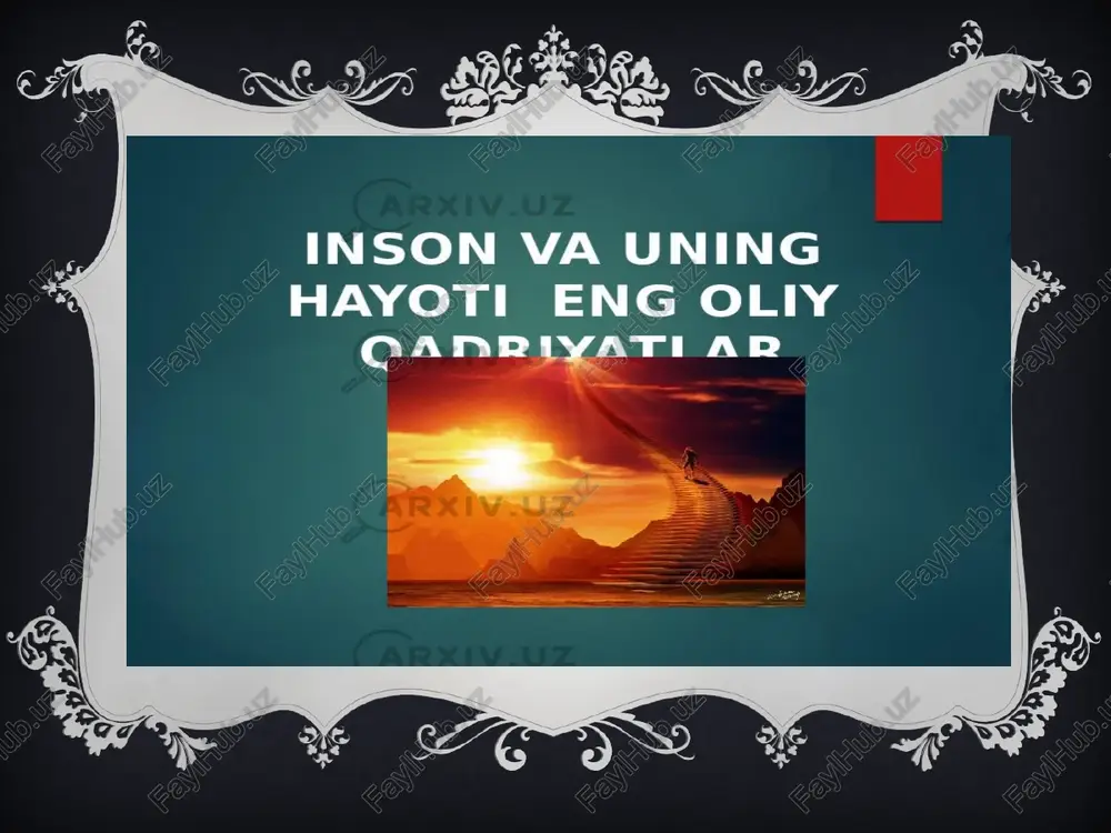 da bosh qotirishgan. «borliq» kategoriyasi. aksariyat falsafiy tizimlarning kategoriyalar apparatini tashkil etadigan ko‘p sonli falsafiy kategoriyalar orasida «borliq» kategoriyasi doimo markaziy o‘rinni egallaydi. chunki u har qanday predmet, hodisa, voqyea va shu kabilarning eng muhim xususiyatini, ularning mavjud bo‘lish, bevosita yoki bilvosita namoyon bo‘lish, o‘zaro ta'sirga kirishish qobiliyatini aks ettiradi. bu inson o‘zligini va o‘zini qurshagan borliqni anglashga ilk urinishlaridayoq duch keladigan har qanday ob'ektning, borliq har qanday qismining umumiy xossasidir. inson aqlli jonzot sifatida shakllanish jarayonining ilk bosqichlaridayoq o‘z dunyoqarashining negizini tashkil etadigan muhim savollarga javob topish zaruriyati bilan to‘qnash keladi: «men kimman?» «meni qurshagan borliqning mohiyati nimada?» «borliq qanday va qaerdan paydo bo‘lgan?» «dunyoni nima yoki kim harakatlantiradi?» «dunyoning rivojlanishida biron-bir maqsad, maqsadga muvofiqlik, mo‘ljal bormi?» image1.png image4.jpeg image5.png image6.jpeg image7.jpeg image8.png image9.png image10.png image11.jpeg image12.png image13.png image14.png image15.png image16.png image17.png image2.png inson va uning hayoti eng oliy qadriyatlar ichida@eng birinchi va eng umumiysi hayotning ozidir, chunki-hayotdan maxrum …