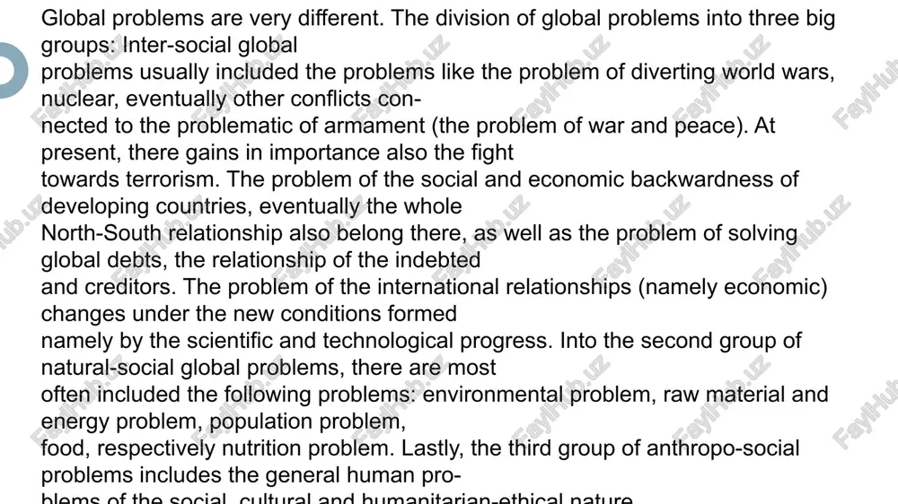 or worsens them by pollution. also the phenomenon of man entering the cosmic space brings about complications. interdependence and all global problems, whether we can sort them into any group in whichever shape, are mutually interconnected. it has been already said that they have common reasons (lagging behind in solutions and correction mechanisms of the asym- metrical forms of interdependence and mastering of the accelerated manifestations of the economic life and the common activities in general internationali- sation), but they can also have common and mutu- ally conditioned consequences. the complex problem of the future of man is set by most authors (our global partnership 1995) as an independent problem, since the existence of the global problem of the future of man is the issue of all the questions, problems and relationships determin- ing the life of man and human society. madina ulug'berdiyeva. thank you image3.jpeg image1.jpeg image4.jpeg image5.jpeg image6.jpeg …