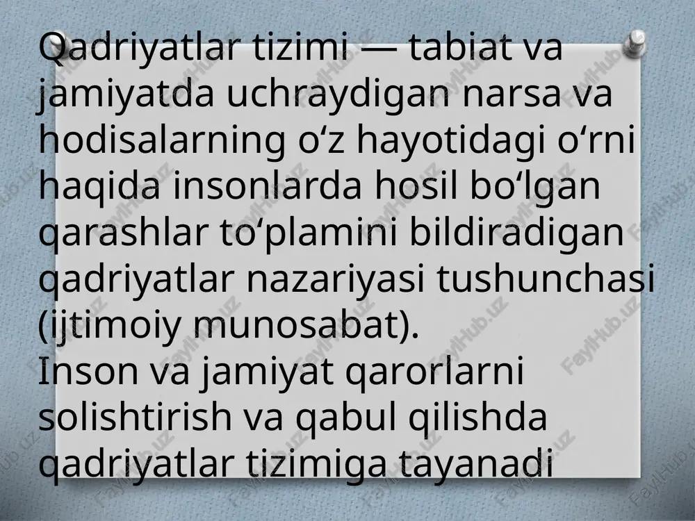 age14.png image15.png image16.png image17.png image18.jpeg «qadriyat» tushunchasi «qadriyat» tushunchasi — juda keng tushuncha. uning bir gismi — ma naviy qadriyatlardir. milliyma*naviy qadriyatlar «milliylik», -«ma naviyat» va «qadriyat» ; tushunchalari kesishgan nuqtada jamlangan ijtimoiy hodisalarni o°z ichiga oladi. «milliy ma’ naviy qadriyatlar» tushunchasi = «milliy ma naviy qadriyatlar» tushunchasiga quyidagicha ta rif berish mumkin: muayyan millat vakglllari uchun zarur va aqamiyatli, aziz va ardokli bo ‘igan, manfaati va maksadlariga xizmat kiladigan manavly boyliklar, amallar va tamoyillar, yeoyalar va me‘yorlar milliy ma naviy kadriyatlardir. odamlarning qalbi va ongida bo'shliq paydo bo'lishi va ularning zararli, tajovuzkor g'oya va mafkuralar ta'siriga berilishiga yo'l qo'ymaslik, istiqlol yo ‘lidagi maqsadlarimizni xalqimizga singdirish magsadida yurtimizda milliy mafkurani shakllantirishga alohida e'tibor berildi. bu mafkuraning asosiy tushuncha va tamoyillari prezident islom karimov asarlarida o'z aksini topgan. — sf aat ¢ ye ‘ sl ah asr - ilm-— fan va taraqqiyot asri 5-sinf tarix fani darsligi asosida 52-mavzu | araiv …
