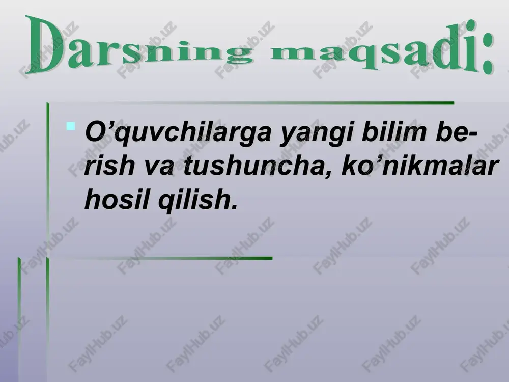 en, agar 3ta molekula atsitilen qizigan ko’mir ustidan o’tkazilsa, trimerlanib benzolni hosil qiladi: 2ch ch ch2 = ch – c ch 3ch ch c6h6 b) agar reaksiyada atsitilen gomologlari r – c ch ishtirok etsa, ular reaksiya maxsuloti sifatida simmetrik benzol gomologlari hosil bo’ladi. 3r – c ch c6h3r3 6) oksidlanish reaksiyalari: a) kuchli oksidlovchilar (kmno4 + h2o) eritmasi orqali atsitilen gazi o’tkazilsa, eritmaning binafsha rangini yuqolishi atsitilendagi uch bog’ga xos sifat reaksiyasi bo’lib, ikki asosli oksalat kislotasi hosil bo’ladi 3h – c c – h + 8kmno4 +4hoh 3hooc – cooh +8koh + + 8mno2 b) alkinlar havo kislorodida yonib karbonat angidrid va suv bug’larini hosil qiladi va reaksiya natijasida katta miqdorda issiqlik (t0 =35000s) ajralib chiqadi. ajraladigan issiqlikdan foydalanib metallarni qirqish va payvandlash mumkin (aftogen). cnh2n-2 + 1,5n o2 nco2 + nh2o + q h – c c – h + 2,5o2 2co2 + h2o q=+35000s 7) o’rin …