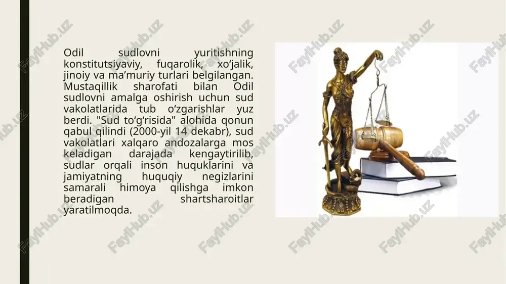 hqa jamoat birlashmalaridan mustaqil holda ish yuritadi, sudyalar mustaqildirlar, ular faqat qonunga bo‘ysunadilar, sudyalarning odil sudlovni amalga oshirish borasidagi faoliyatiga biron-bir tarzda aralashishga yo‘l qo‘yilmaydi. har bir shaxsga o‘z huquq va erkinliklarini sud orqali himoya qilish, davlat organlari, mansabdor shaxslar, jamoat birlashmalarining g‘ayriqonuniy xatti-harakatlari ustidan sudga shikoyat qilish huquqi kafolatlanadi, deb qat’iy belgilab qo‘yildi. mazkur konstitutsiyaviy normalar mazmuniga muvofiq sudning mustaqilligini ta’minlash, uni inson huquq va erkinliklarini ishonchli himoya etishga xizmat qiladigan tom manodagi mustaqil davlat institutiga aylantirishga qaratilgan keng ko‘lamli tashkiliy-huquqiy chora-tadbirlar amalga oshirildi. jumladan, sud tizimi butunlay ijro etuvchi hokimiyat organlarining nazorati va ta’siri ostidan chiqarildi. sudlarning vakolatlari izchil kengaytirilib, ayni paytda o‘ziga xos bo‘lmagan vazifalardan ozod etildi, jumaldan sudlar jinoyat ishini qo‘zg‘atish, jinoyat ishi bo‘yicha ayblov xulosalarini e’lon qilish vakolatlaridan soqit qilindi. dastlabki tergov ustidan sud nazorati kuchaytirilib, prokuratura organlarining sud jarayoniga aralashuvini jiddiy cheklash bo‘yicha qonunchilik normalariga zarur o‘zgartishlar kiritildi. sudlarda ishlarni ko‘rib chiqishning qat’iy muddatlari …