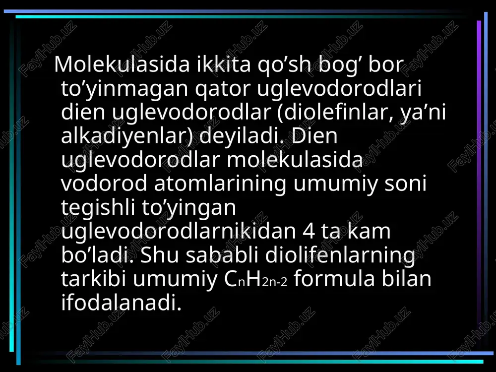 aksiyani dils va alder reaksiyasi deyiladi. bu reaksiyaning ahamiyati katta bo’lganligi uchun reaksiyani kashf etgan va o’rgangan olimlar ikki martta nobel mukofoti olishga sazovor bo’lganlar. dimerlanish. diyen uglevodorodlarini qizdirganda o’zaro birikish reaksiyalariga kirisha oladilar. bunda bir molekula 1,2-birikish, ikkinchi molekula 1,4-birikish bo’yicha ta’sir etadi. qisman har ikki molekulani 1,4-birikishi bo’yicha ta’sir etishi ham mumkin: polimerlanish. diyen uglevodorodlari ishqoriy metallar metalloorganik birikmalar ishtirokida polimerlanib yuqori molekulali birikmalar – kauchuk hosil qiladilar. polimerlanish ham 1,2-1,4 va 1,4-1,4-ko’rinishlarda borishi mumkin: tabiiy kauchuk. tabiiy kauchuk tropik mamlakatlarda o`sadigan ba`zi darahtlarning sutsimon shirasidan olinadi. masalan, janubiy amerikada o`sadigan gveya, gvayulla daraxtlari va o`rta osiyoda o`sadigan ko’k sagiz, tog’ sagiz o’simliklar ana shunday daraxtlar jumlasiga kiradi. janubiy amerikaliklar gveya daraxtining shirasini «kaocho» - daraxtining «ko`z yoshi» deganlar, shu sababli kauchuk nomi saqlanib qolgan. tabiiy kauchukning kimyoviy tuzilishini asosan garries o`rgangan bo`lib, izopren molekulalaridan tashkil topganligi aniqlangan. buning uchun kauchuk ozonlash reaksiyasiga uchratilgan, so`ngra hosil bo`lgan modda …