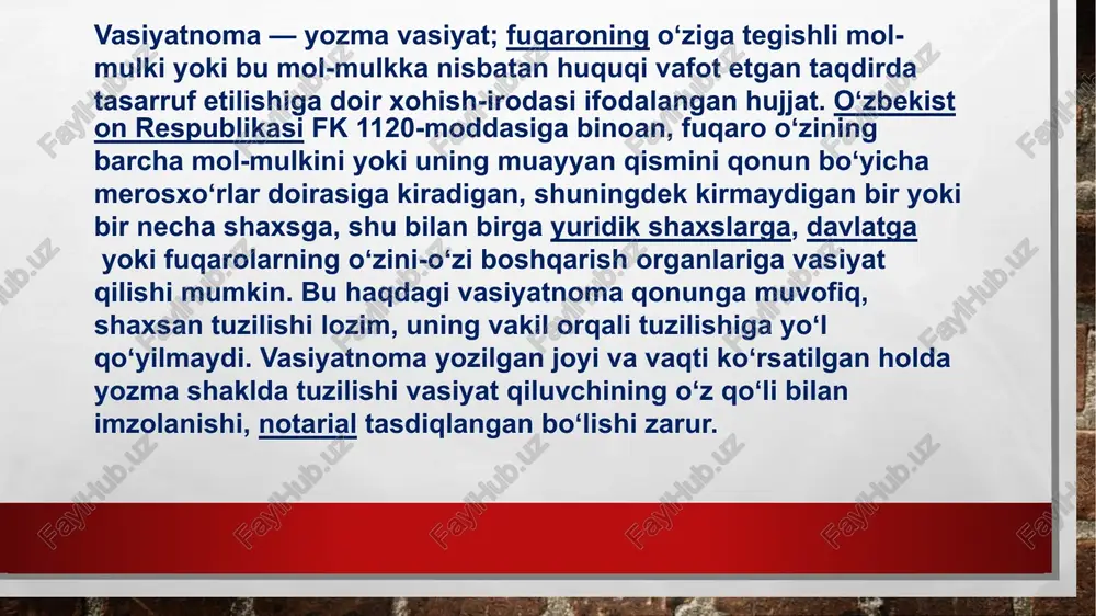 158-uyda yashovchi sodiq sobirovich ikromov, vafotim oldidan ushbu vasiyatnoma orqali quyidagi topshiriqni beraman: mening vafotim oldidan menga tegishli bo‘lgan barcha mol-mulkimni, jumladan, quva shahri farg‘oniy ko‘chasidagi 54-raqamli hovli-joyimni, uning nimalardan iborat ekanligidan va qayerda joylashganligidan qat’i nazar, qizim, nazira sodiqovna abdukarimovaga vasiyat qilib qoldiraman. 2. menga 0 ‘zbekiston respublikasi fuqarolik kodeksidagi 1142-moddaning mazmuni, ya’ni merosdan majburiy ulush olish huquqiga ega bo‘lgan merosxo‘rlar haqida notarius tomonidan tushuntirish berildi. ushbu vasiyatnoma ikki nusxada tuzilib imzolandi: ulaming biri saqlash uchun quva shahri davlat notarial idorasida qoldirildi, ikkinchisi vasiyat qiluvchi s.s. ikromovga berildi. (imzo) s. ikromov vasiyatnomadagi tasdiqlovchi yozuv (ustxat) ushbu vasiyatnomani 2018-yil 23-aprel kuni men, farg‘ona viloyati quva shahri davlat notarial idorasining davlat notariusi abdusattor abduqahhorovich mamadaliyev, fuqaro sobir sodiqovich ikromovning xohish-irodasiga binoan va amaldagi qonunlarga rioya qilgan holda tasdiqladim. vasiyatnoma fuqaro sobir sodiqovich ikromov tomonidan mening huzurimda imzolandi. vasiyat qiluvchining shaxsi aniqlandi, muomalaga layoqatliligi tekshirildi, ushbu notarial harakatni amalga oshirish chog'ida uning …