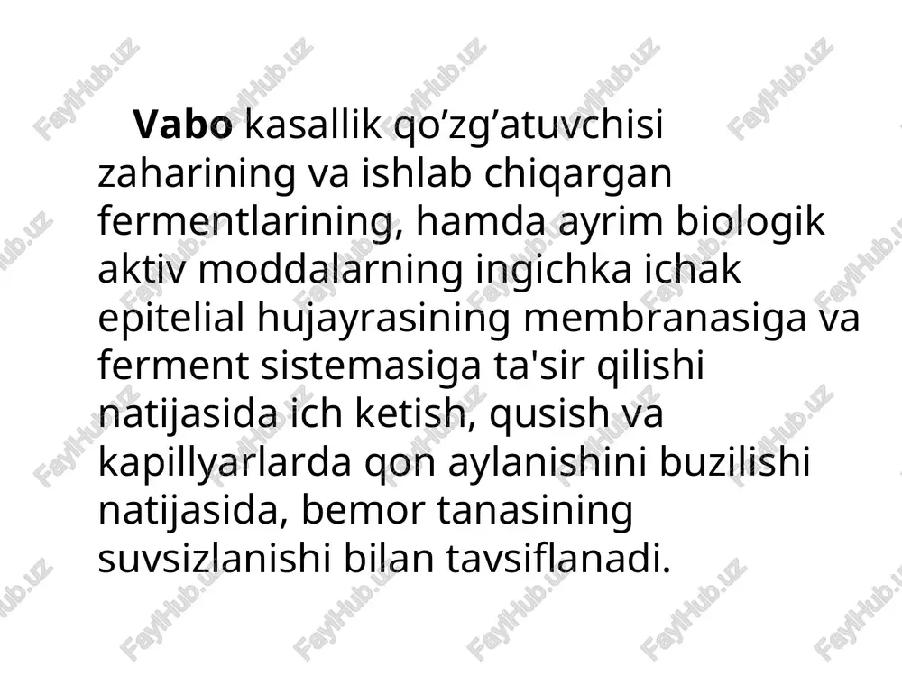 gi, chankash, aloxida mushaklar guruxida tortishishlar, ayniksa chaynov va boldir mushaklarida. kasallikning birinchi soatlarida xaroratning 37,0 – 37,8 gacha kutarilishi kuzatiladi najas dastlab odatdagi rangda va xarakterda, sungra rangsizlanadi, sargish yoki yashil rangda bulishi mumkin. defekatsiya,odatda ogriksiz va kuchanishsiz vaboning gastroenteritik shakli utkir boshlanishi najasda shillik va kon aralashmagan kuchanishlar yuk sutkasiga 20 martagacha ich ketishi kup marotaba va kup mikdorli kayt kilish. ab 75/35 mm. sim . ust. pasayishi. nafas olish minutiga 30 – 40 marta. chankash, mushaklarda tortuvchi ogrik, tirishishlar diurez keskin kamayadi. vaboning algid shakli ich ketish, kayt kilish, organizm keskin intoksikatsiyasi bilan kusukda dastlab egan ovkatni saklanadi, sungra kusuk moddalari rangsizlanadi. xikichok paydo buladi. ich kelish soni sutkasiga 10 dan 30 martagacha buladi. kusuk va najas bilan yukotilgan suyuklik sutkasiga 10-30 l ga etadi. najasda kuplab vabo vibrionlari saklanadi, ular kusuk moddasida xam bulishi mumkin. utkir toksikoz belgilari bilan jadal va tusatdan, ich ketish va kayt …