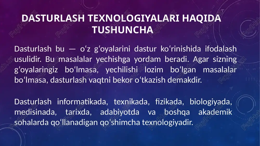 n operatorlarga (==, > =, > orqali amalga oshiriladi. cin>> dan so’ng istalgan ma’lumot turi e’lon qilingan o’zgaruvchini joylashtirsak shu o’zgaruvchi qiymatini qo’lda kiritishimiz mumkin bo’ladi. masalan: #include using namespace std; int main() { int a=0; cout >a; cout #include #include using namespace std; int main() { fe 101011001 010010110 101001011 010101101 cor, 4 /docprops/thumbnail.jpeg dasturlash