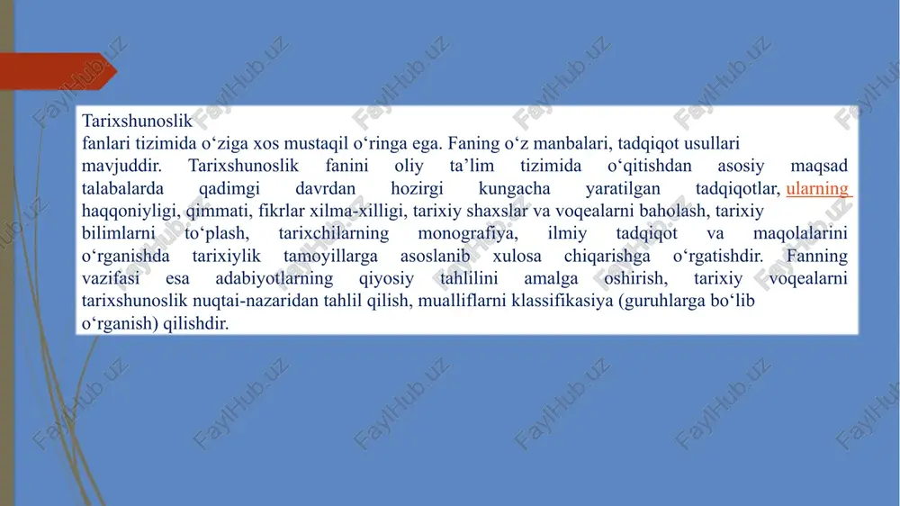 sh tarixiy tafakkurning, bilimning darajasi, saviyasini belgilaydi. tarixshunoslikning rivojlanishida manbalar doirasining kengligi va o‘sha davrdagi tarixiy tadqiqot usuli asosiy omil hisoblanadi. tarixiy tadqiqot usullarining takomillashishi (masalan: tanqidiy yondashuv, tarixiy taqqoslash va boshqalar), yangi (epigrafik, arxeologik, numizmatik) manbalarning paydo bo‘lishi tarix fanining saviyasiga sezilarli ta’sir ko‘rsatdi. tarixshunoslik tarixning manbashunoslik, arxeologiya, etnografiya, numizmatika va lingvistika fanlari bilan chambarchas bog‘liq. image1.jpeg image2.jpeg ~ etiboringiz
