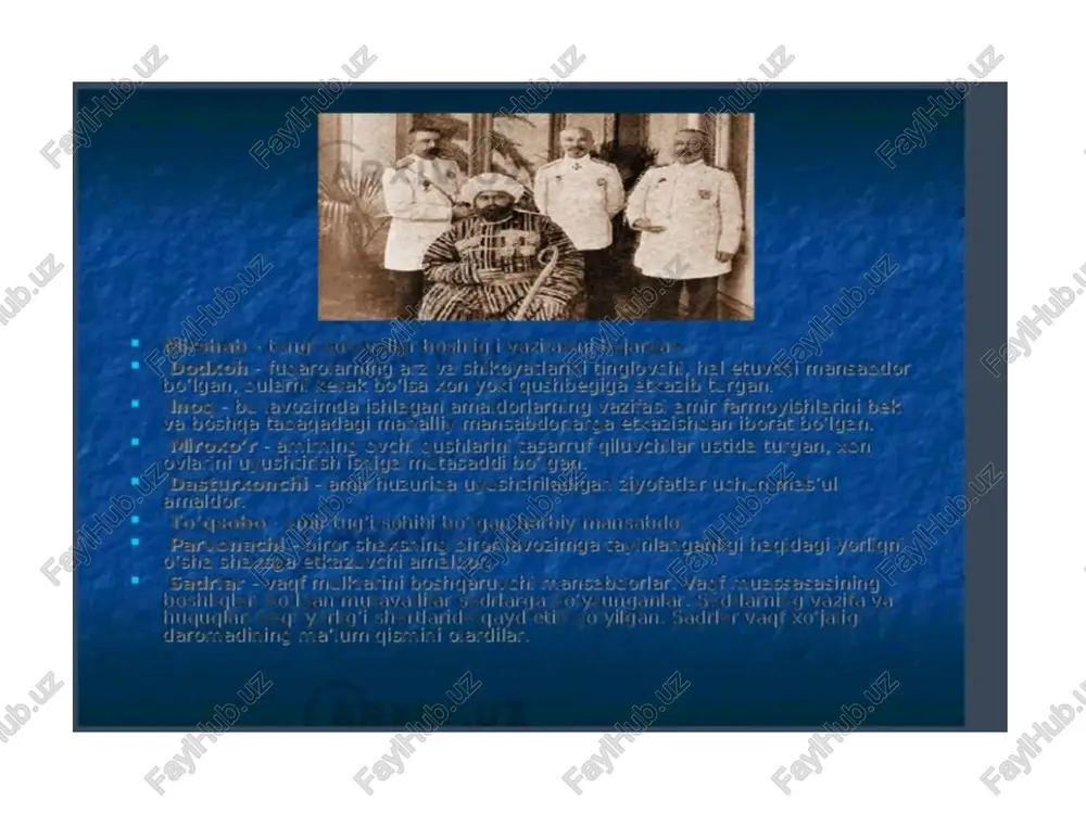 r yuk bo'lib tushardi, xix asr 30-yillarida amir go’shinida 19 mingga yaqin yollangan askarlar bo’lib, ular turli shahar va istehkomlarda harbiy xizmatni o’taganlar. = amirlikda eng katta _ : mansabdorlardan biri qozi kalon hisoblanardi. pinel f mahkamasida har bir viloyatdan bittadan qozi ish olib borardi. ularni patel ie o’zi tayinlardi. qozi din masalalari, oila, meros, inoiy ishlarga oid masalalar jo’yicha hukmlar gabul qilardi. buxoro amirligi 27 beklik: karmana, xatirchi, ziyovuddin, nurota, qarshi, kitob, shahrisabz, chiroqchi, yakkabog’, g’uzor, boysun, sherobod, denov, karki, chorjuy, xisor, ko’lob, qorategin, darvoz, baljuvon, sho’g’non-rushon, qo'rg’ontepa, qobodiyon, kalif, bo’rdalik, qoboqli va norazm iklaridan iborat edi. har bir beklikni amir tomonidan tayinlab go’yiladigan hokimlar - beklar idora qilardi. = qo’shin askarlari, asosan, 0’q-yoy, nayza, qilich, xanjar, oybolta kabilar bilan qurollangan. manbalar amir go’shinida piltali miltiqlar va kichik to’plar ham bo'lganligidan guvohlik beradi. amir qo’shinining jangovorlik darajasi past edi. askarlar harbiy mashqlarga nisbatan ko’proq mehnat bilan band bo’lardi. sipohlikka …