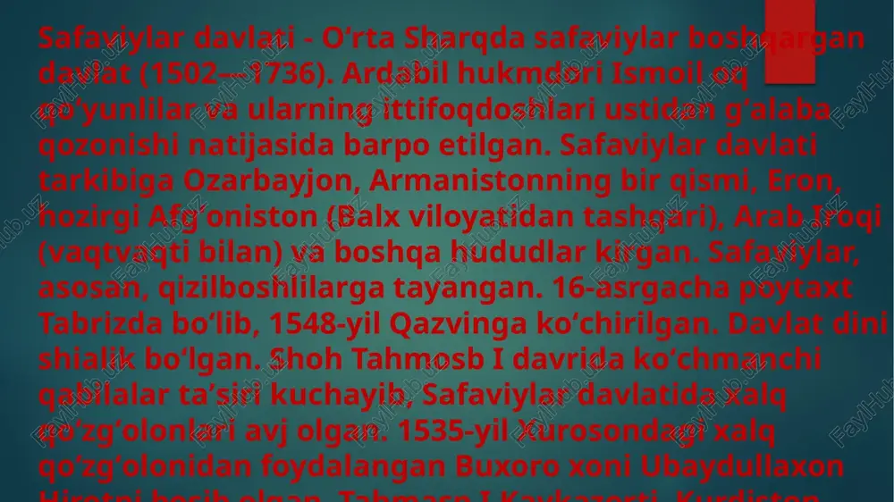 qismi ustidan turkiya hukmronligini o’rnatilganligini tasdiqlovchi 1727 yilgi shartnomani tan olishga majbur bo’ldi. afg afg’on xonlarining erondagi 7 yillik hukmronligi aholini talash, shafqatsiz jazolash bilan birga bordi. eron dehqonlari va shahar kambag’allari afg’on va turk bosqinchilariga qarshi kurashni to’xtatmadilar. xviii asr 20-yillarining ikkinchi yarmida halq kurashi ayniqsa keskin tus oldi. eron xalqining qattiq kurashi natijasida afg’on bosqinchilari qo’shini qoshon, qum, qazvin, tehron, yazd shaharlarini tashlab, isfaxonga qarab qochdilar. xviii asr 20-yillarining ikkinchi yarmida halq kurashi ayniqsa keskin tus oldi. eron xalqining qattiq kurashi natijasida afg’on bosqinchilari qo’shini qoshon, qum, qazvin, tehron, yazd shaharlarini tashlab, isfaxonga qarab qochdilar. ozodlik harakati natijasida qizil bosh qabilasining qirqli urug’idan nodir oldingi o’ringa chiqdi. nodir xviii asrning 20-yillari boshida xurosonda bosqinchi to’da boshlig’i sifatida turli feodallarning harbiy xizmatida bo’lgan edi. u 1725 yilda tahmasp ii xizmatiga kirib, shoh yordamida xurosonlik qudratli feodal malik mahmud qiyoniyni engib, uning poytaxti mashhadni egalladi. e’tiboringiz uchun rahmat!!! image6.jpeg image7.jpeg …