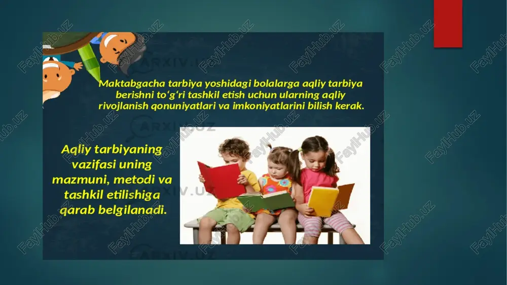 utadi. binobarin, ilm-ma’rifat zulm va bid’atdan forig’ bo’lish yo’lidir. alloma tomonidan ilgari surilgan «xilvat dar anjuman», «safar dar vatan» g’oyalari mavjud bilimlarni suhbat hamda amaliyot yordamida o’zlashtirish maqsadga muvofiqligiga ishoradir. zero, bahs-munozaralarda, doimiy izlanishlarda hosil bo’lgan ilm puxta va mustahkam bo’ladi. image6.png image7.png image8.png image9.png image2.png image3.png image4.png image5.png chunki aq his - tuyg‘ular va idrok etishdan tortib, fikrlash va tasavvur etishgacha bo‘lgan jarayonlar yig‘indisidir. od 4 "| migitiinaaicna: wirtnlia yosincan hogging ganty hvs ais hl sg idetvasiaravonidardusdabmiteniaicicacmentsitmrcai sea iiain eahaimlarinain icone: malasieal, kevin esai © gly, rising, sgmpcnn hanaraatrs asin gilalsin, ley wel leasiaitingiann lang vosesin, godingsig, gms - yosasin lanavoniea guna! osi org, ~ bonn gighiy mialainsinmes ta titan wel amotinag: seimei tar sir kentsiciécictin aqliy tarbiyaning asosiy vazifalari: - 1. bolalarda tabiat va jamiyat to‘g‘risidagi bilimlar sistemasini, ilmiy duiyoqarashni shakllantirish. 2. agliy faoliyat, bilish jarayonlari va qobiliyatlarni, aqliy jarayonning xilma - xil usullarini rivojlantirish. 3. mustaqil bilish …