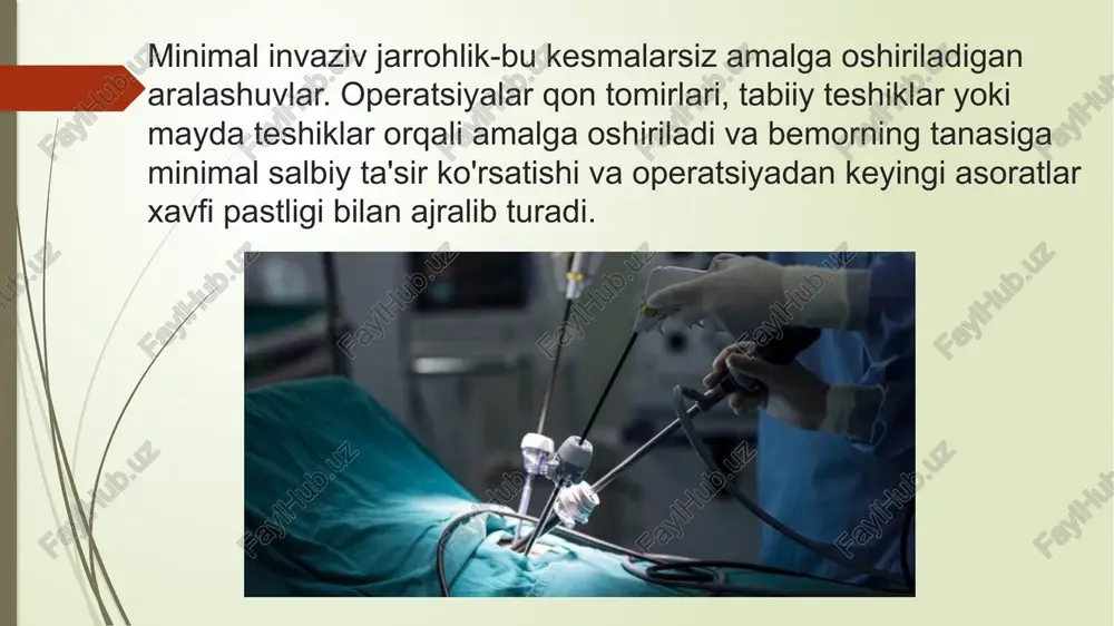 oladi. davolash jarrohlik yo'li bilan amalga oshiriladi. rektal fistulalarni davolash remissiya paytida, fistula teshiklarini yopishda, aniq ko'rinadigan ko'rsatmalar yo'qligi, fistulaning radikal bo'lmagan eksizatsiyasi va sog'lom to'qimalarga zarar etkazilishi sababli operatsiyani bajarish maqsadga muvofiq emas. paraproktitning kuchayishi holatida xo'ppoz ochiladi va yiringli yo'q qilinadi: massiv antibiotik terapiyasi, fizioterapiya buyuriladi, shundan so'ng "sovuq" davrda operatsiya o'tkaziladi. foydalanilgan manbalar: ckbran.ru oripov umumiy xirurgiya krasotaimedicina.ru meduniver.com youtube yandex.uz image1.jpg image2.jpg image3.jpeg image4.jpg image5.jpg image6.jpg image7.jpg image8.jpg image9.jpg image10.jpg minimally invasive surgery? a fistulas of the rectum anorectal istulous f ‘ fistula foramen fistula ceuuy npamou kuwku /docprops/thumbnail.jpeg rmavau: xrurgiyada kick invaiv graleshuvir chk ogme yaralerni bartorat etsh usu