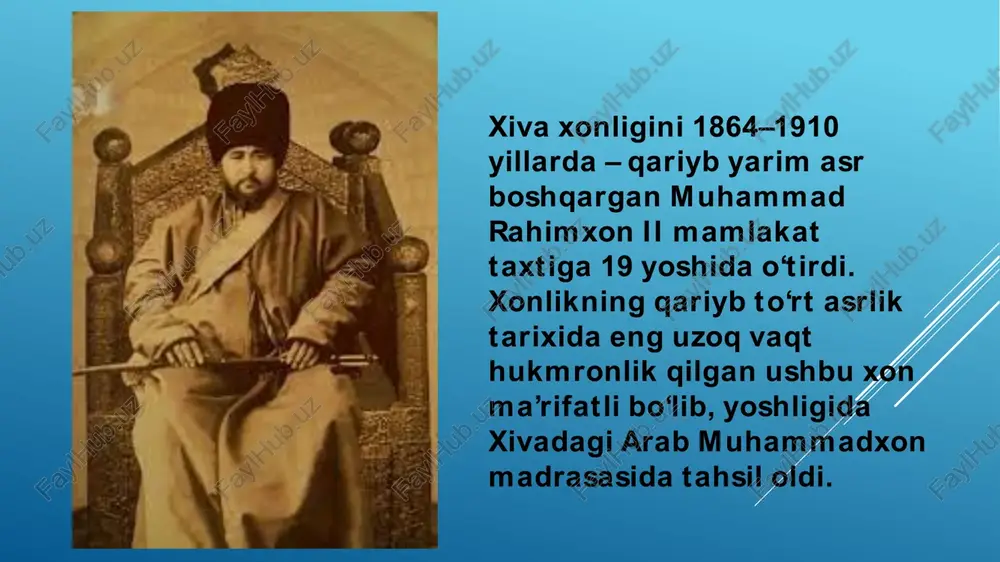 va harbiy to’qnashuvlar bo’ladi xiva-xonligidan-rossiyaga-borishga-ijozat-beruvchi-pasporti xiva xoni sherg’ozixon hiyla ishlatib bekovich-cherkasskiyni qabul qiladi va uning qo’shinlarini qirib tashlaydi. pyotr i uyushtirgan ekspeditsiyaning halokati xiva-rossiya munosabatlarini keskinlashtirib yubordi. buxgols "ekspeditsiyasiga" kelsak, uning qo’shini 1715-yili toboldan irtish bo’ylab yorkentga yo’l oladi. bu guruh yamishchev ko’lida bo’lib, u yerda istehkom quradi. biroq ular qalmoqlar hujumiga uchrab, orqaga chekinishga majbur bo’ladilar. 1717-yili buxoro xoni peterburgga o’z elchisini yuboradi. elchi qulibek abulfayzxonning pyotr i ga shvedlar ustidan qozongan g’alabasi munosabati bilan yozilgan qutlov maktubini topshiradi. abulfayzxon o’z maktubida ayni paytda buxoroga rossiya elchisi yuborilishini so’ragan edi. bunga javoban rossiya hukumati 1721-yili florio benevenini elchi qilib jo’natadi. rossiya elchisiga sharq mamlakatlariga olib boradigan suv va quruqlik yo’llarini o’rganish; rus savdosini kengaytirish imkoniyatlarini aniqlash; buxoro xonini rossiya bilan ittifoq tuzishga ko’ndirish; xonga rus gvardiyachilarini taklif qilish; qayerda qancha oltin borligini aniqlash va ularni xaritaga tushirish; xonlikdagi qal’a va qo’shinlari ahvolini o’rganish hamda xonlikning eron va xiva bilan …