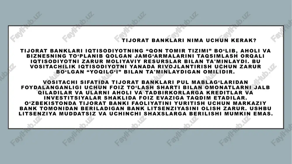 vlat ishtirokidagi, davlat aksiyadorlik, ochiq va yopiq aksiyadorlik jamiyatlari tarzida tashkil etilgan. respublika hududida 33 ta tijorat banki, faoliyat koʻrsatadi (2003). ulardan 2 tasi davlat banki, 3 tasi davlat aksiyadorlik tijorat banki 12 tasi xususiy bank, 4 tasi chet el kapitali ishtirokidagi banklar va 1 tasi shoʻʼba bankdir. mazkur banklarning respublika hududida faoliyat koʻrsatayotgan 800 dan ortiq, filiallari va 690 dan ortiq minibanklari bor. respublikada 7 chet el tijorat bankilari, 4 xalqaro moliya tashkilotlarining vakolatxonalari faoliyat koʻrsatadi. tijorat banki faoliyati oʻzbekiston respublikasining „banklar va bank faoliyati toʻgʻrisida“ (1996, 25 apr.) qonuniga muvofiq tartibga solinadi. tijorat banki – korxonalar, tashkilotlar, fuqarolarga universal bank xizmatlari (hisob-kitob, toʻlov operatsiyalari, qoʻyilmalarni jalb etish, omonatlarni saqlash, ssudalar berish, shuningdek, qimmatli qogʻozlar bozoridagi operatsiyalar) koʻrsatadigan yirik kredit muassasasi. tijorat banki bank harakatlarini amalga oshirish uchun pul mablaglarini, asosan, qoʻyilmalar (omonatlar), banklararo kreditlar, oʻz aksiya va obligatsiyalarini chiqarish hisobiga shakllantiradi. oʻzbekistonda dastlabki tijorat banklari rossiya oʻrta osiyoni …
