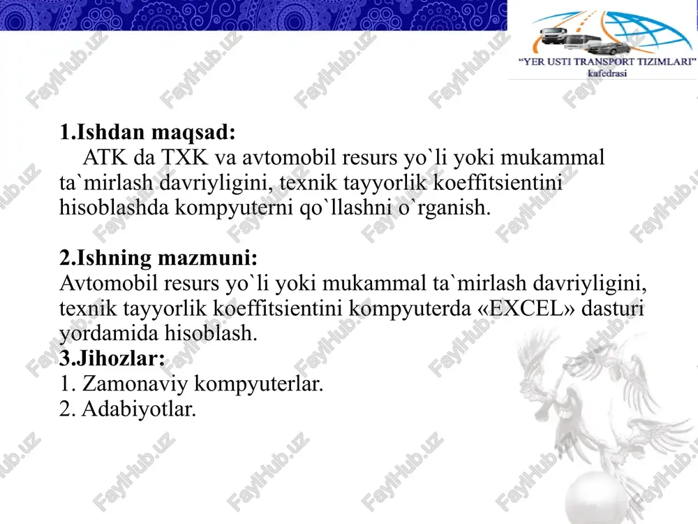 lan qt gacha yurgan yo`lining karraligi ltqt nk'  , (butun songacha yaxlitlanadi va nk deb l2 qabul qilinadi) hisobiy qayta tiklashgacha yurilgan yo`l lqt  l2  nk , km lqt - ltqt aqt    100 %. ltqt bir avtomobil uchun yaxlit davr(sikl) ichida o`tkaziladigan txk va qayta tiklashlar(qt) sonini aniqlash qayta tiklash: lqt nqtts    1 (yaxlit davri ichida avtomobil lqt bir marta tiklanadi) 2-txk soni: lqt n2ts   - nqtts ,dona l2 1-txk soni: lqt n1ts   - (n2ts  nqtts),dona l1 kxk soni: lqt nkxts   ,dona lky 7 davr ichida avtomobillarning ishga chiqish kunlari soni dets  nkxts avtomobillarning txk va jt da turadigan kunlariga, tuzatish kirituvchi koeffitsient - k4', ularning ishga tushirilgandan beri yurgan yo`liga bog`liq xolda topiladi [ 6-ilova ] n  aij  k4'j aiya  k4'ya  aie  k4'e  ... j1 k4' …
