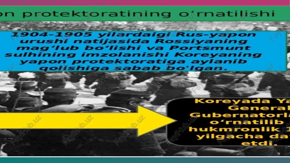 a inqilob sodir bo'ldi, bu urushni g'alabaga olib borishni qiyinlashtirdi. yaponiya qo'mondonligi dushmanning kuchini kam baholaganini tan oldi. rossiyadan temir yo'l orqali qurol-yarog' va oziq-ovqat bilan askarlar kelishda davom etdi. urush yana pozitsion xususiyat kasb etdi. 1905 yil may - tsusima orollari yaqinidagi rus flotining fojiasi. admiral rojdestvenskiyning kemalari (30 ta jangovar, 6 ta transport va 2 kasalxona) 33 ming km masofani bosib o'tdi va darhol jangga kirishdi. dunyoda hech kim 38 ta kemada 121 ta dushman kemasini mag'lub eta olmadi! faqat "almaz" kreyseri, "jasur" va "grozniy" esminetslari vladivostokga bostirib kirishdi (boshqa ma'lumotlarga ko'ra, 4 ta kema qutqarilgan), qolganlarining ekipajlari qahramonlar sifatida halok bo'lgan yoki asirga olingan. yaponlar 10 ta katta zarar ko'rdi va 3 ta kema cho'kib ketdi. shu paytgacha tsusima orollari yonidan o'tayotgan ruslar 5000 o'lgan rus dengizchilari xotirasiga suv ustiga gulchambarlar qo'yishdi 1904-1905 yillardagi rus-yapon urushining tabiati. urush tajovuzkor xarakterga ega edi. 2 imperiyaning qarama-qarshiligi uzoq sharqda …