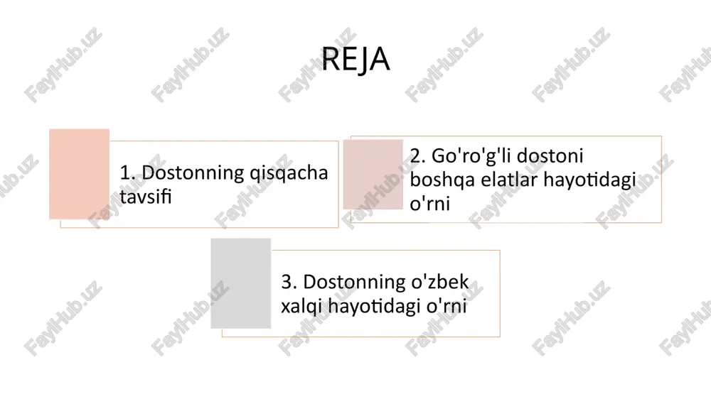 amiyati milliy ong dostonlar xalqimizning milliy ongini shakllantiradi va mustahkamlaydi. ma'naviy boylik asarlar orqali biz oʻzbek xalqining boy ma'naviy merosidan bahramand boʻlamiz. ruhiy tarbiya goʻroʻgʻli dostoni ijobiy qahramonlar obrazi orqali yosh avlodning ruhiy tarbiyasiga xizmat qiladi. 15 e’tiboringiz uchun rahamat image2.jpeg image3.png image4.jpeg image5.jpeg image6.jpeg image1.png image7.jpeg image8.jpeg image9.png image10.png image11.png image12.jpeg image13.jpeg image14.png image15.png image16.png http://ipuedu.uz watsoovot vapedagogika universitet! goro'g'li | dostoni “go‘ro‘g'li” dostoni haqida thame o*zbek xalq dostonchiligida «go‘ro‘g‘li» turkumi katta o‘rin tutadi. hozirgacha uning tarkibida oltmishdan ortiq doston mayjud. ularda xalq tarixi, taqdiri, o‘tmishdagi hayoti, ijtimoiy- siyosiy, iqtisodiy, diniy, axlogiy- ma’naviy hamda badiiy-estetik qarashlari o‘ziga xos tarzda aks etgan. “go*ro’g li” dostoni haqida & toame «<go'ro‘g'lining tug ilishi» ~ shu turkumning ilk dostoni. uni ko‘plab baxshilar ijro etishgan. darslikda muhammad jomurot o*g'li po'lkan shoir (1874-1941) varianti berilgan. unda xalgning juda qadim zamonlardagi badiiy-estetik qarashlari ifodalangan. shu ning uchun undagi ayrim fakt va motivlar, obraz va ularning talqinlari …