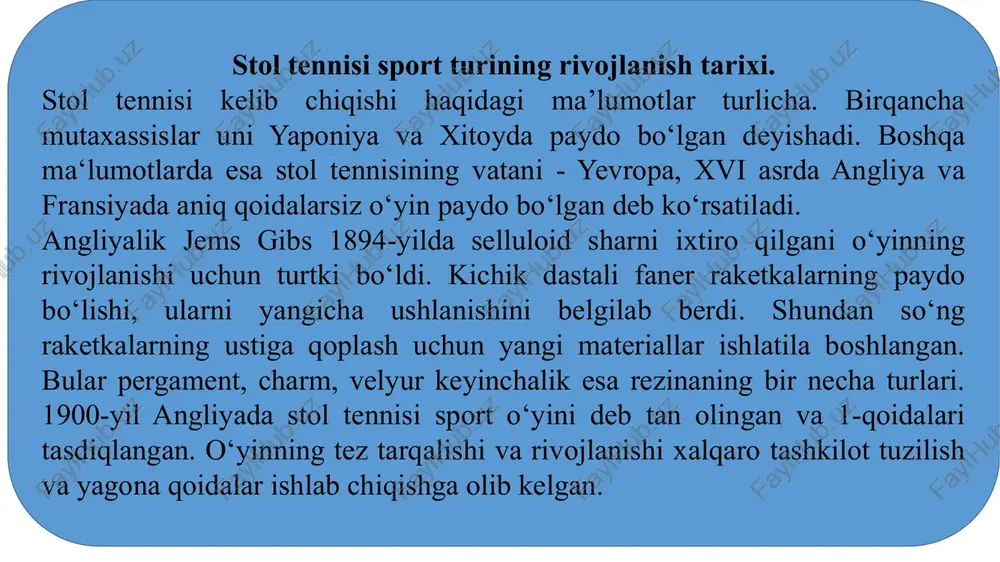 ammo bu hol o‘yindagi o‘zgarishlarga sabab bo‘lmadi. 1952-yilda bombeydagi jahon chempionatida yaponiyalik sportchi xirodzi sato bo‘rtma qoplamali raketkadan foydalanib, jahon chempioni bo‘lgan. yaponiya terma jamoasi o‘sha vaqtda jahon chempionatida ilk bor ishtirok qilgan va o‘zlarining shiddatkor hujum taktikalari tufayli yakkalik va jamoaviy bahslarda ko'plab medallarni qo‘lga kiritishgan. shu vaqtdan boshlab bo'rtma rezina qoplamali raketkalar butun yevropa bo‘ylab tarqala boshlagan va ushbu qit’a butun dunyo stol tennisi markaziga aylangan. ammo mutaxassislarning e’tirofiga ko‘ra, raketkaning yangi turdagi qoplamasi stol tennisinlng eng ommabop sport turiga aylanishiga yordam bermagan. chunki sharni raketkaning qalin bo‘rtma rezina qoplamasiga urilishi unga katta tezlik bergan va bu zarbani qaytarish juda murakkab bo‘lgan. shu tariqa o‘yinda ko‘plab uzilishlar paydo bo‘lib, o‘yin taqdiri oxirgi zarbaga bog‘liq bo‘lib qolgan. musobaqada kuch asosiy o‘ringa chiqqan, o‘yin texnikasi esa ikkinchi o‘ringa tushib ketgan, bu esa stol tennisining ommaviyligiga putur yetkazgan. shunga ko‘ra, 1959-yilda sportchilarga bo‘rtma qoplamali raketkalardan foydalanish ta’qiqlab qo‘yilgan. 1959-yildan boshlab ko‘piksimon …