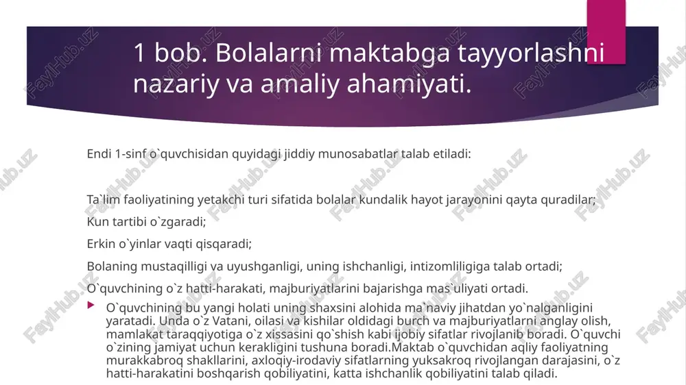 rda bolalarga maktabgacha ta’lim konsepsiyasiga asoslangan o’z nizomi va dasturiga muvofiq malakali ta’lim-tarbiya berilishini ta’minlaydi.bolalarni tarbiyalash va ularga ta’lim berish bo’yicha aniq vazifalari tegishli dasturiy-metodi khujjatlar tashkilotning nizomi bilan belgilanadi.maktabgacha ta’lim vazirligi tomonidan tasdiqlangan ko’p variantli dasturlardan biridan foydalanadi. maktabgacha davr –bu bolaning o’sishi rivojlanishi o’zini nomoyon etishga intilish,o’rganishga,bilishga ishtiyoqi kuchli bo’lgan davrdir.aynan shu davrda bolaning insoniy sifatlari aqliy salohiyati rivojlanishi uchun poydevor yaratiladi.maktabgacha yoshdagi bola bilan ta’lim tarbiya qanchalik erta boshlasa,samarasi shunchalik nomoyon bo’ladi va bolaning butun hayotiga ijobiy ta’sir qiladi. 2 bob. maktabgacha talim tashkilotida. maktabgacha ta’lim –tarbiya har bir bolaga individual yondashish uni shaxs sifatida qilish,ma’naviy ahloqiy tomondan tarbiyalash,bolaning qiziqish va ehtyojiga mos tarzda ta’lim berishni nazarda tutadi.maktabgacha ta’lim mazmuni va metodlari bola shaxsining shakllanishi, uning mustaqil shaxs sifatida tan olinishi jarayonlari kechdigan muhitd atashkil etilishi katta ahamiyatga ega. zero,shaxs sifatida shakllangan,kamol topgan bola o’zini,o’zligin itaniydi va kelajakda millatning,yurtning faxriga aylanadi. maktabgacha ta’lim tashkilotida bolaning kelajak hayotida …