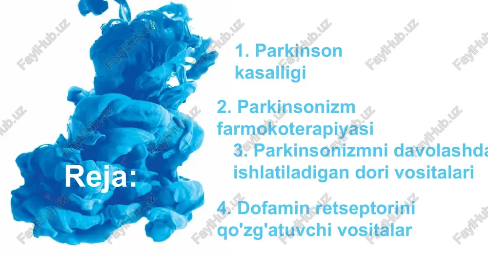 mlarda kelib chiqqan disbalans asosiy ro'l o'ynaydi. parkinson kasalligining rivojlanishi qora substansiya neyronlarida dofamin miqdorining kamayishi va uning neostriatum neyronlariga tormozlovchi ta'sirlarining kamayishiga bog'liq. kasallikning eng ko'p ko'rinishi skelet muskullar tonusining oshishi, doimiy ixtiyorsiz, noaniq titroq, harakatning cheklanishi. bemor holati va yurish harakatlari ham buziladi. sekin astalik bilan ruhiy o'zgarishlar, aqliy faoliyatning o'zgarishi kuzatiladi. foydalanilgan adabiyotlar 1.farmakologiya m. j. allayeva, z. z. hakimov, s. r. ismailov 2.google rasmlar e'tiboringiz uchun raxmat! image1.jpeg image2.jpeg image3.jpeg image4.jpeg image5.jpeg image6.jpeg image7.jpeg image8.jpeg parkinson kasalligi nima va uning kelib chigishi q asab sistemasining 2 dopamin kasalligi etishmovechiligi parkinson kasalligi asab kasallikning asosiy sababi sistemasining miyada dopamin ishtab degeneratiy kasalligidir, chigaradigan asosan miyaning ma'lum hujayralaming kamayishi qismlarini ta'sirlaydigan. hiseblaniad) 3 genetik va muhit omillari kasallikning kellb chigishida genetik va muhit amillari muhim fol o'ynaydi bone3hb mapkuhcoua hapywenua ru6koctn tlo3bohouhiika / 3atpyahehuaa b yaep>kahun pabhobecua 3ameanehue aktubhbix abykehui bone3hb mapkuhcoha cumntomb! 6bone3hu mapkuhcoha uhc taza ia …