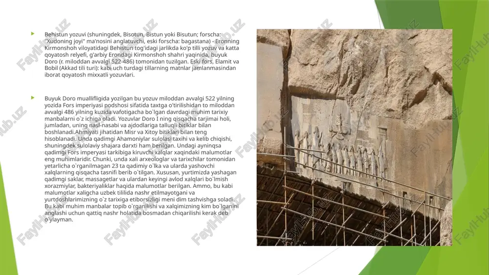 langan (milodiy 262 yil). maqbaralarning qarshisida burj — zardusht kaʼbasi joylashgan. uning tomi katta hajmdagi yassi tosh plitalar bilan yopilib, devorlarida deraza oʻrnida ochiq joylar qoldirilgan. eron, kavkaz va oʻrta osiyo aholisi uylariga oʻxshatib qurilgan burjning devorlariga paxlaviy, parfyan va yunon yozuvlarida sosoniylar davlati tarkibiga kirgan mamlakatlar, bu ziyoratgohga keltirilgan hadyalar roʻyxati berilgan. n.r. manzaralari va kitobalari axomaniylar va sosoniylar bosib olgan mamlakatlar va xalqlar tarixi, etnografiyasi va madaniyatini oʻrganishda muhim manbadir. avesto — jahon madaniyatining, jumladan, markaziy osiyo va eron xalqlari tarixining qadimgi noyob yodgorligi. a. (avesto) (parfiyoncha: apastak — matn; koʻpincha "zend-avesto", ya’ni "tafsir qilingan matn" deb ataladi) — zardusht dinining muqaddas kitoblari toʻplami. zardusht diniga amal qiluvchilarning muqaddas kitobi sifatida yagona tangriga topinish shu taʼlimotdan boshlangan. bu kitob tarkibi, ifoda uslubi va timsollar tizimi bilan adabiy manbalarga yaqin turadi. „avesto“da tilga olingan joy nomlari (varaxsha, vaxsh)dan kelib chiqib, uning amudaryo sohillarida yaratilgani aniqlangan. shu asosda uning vatani …