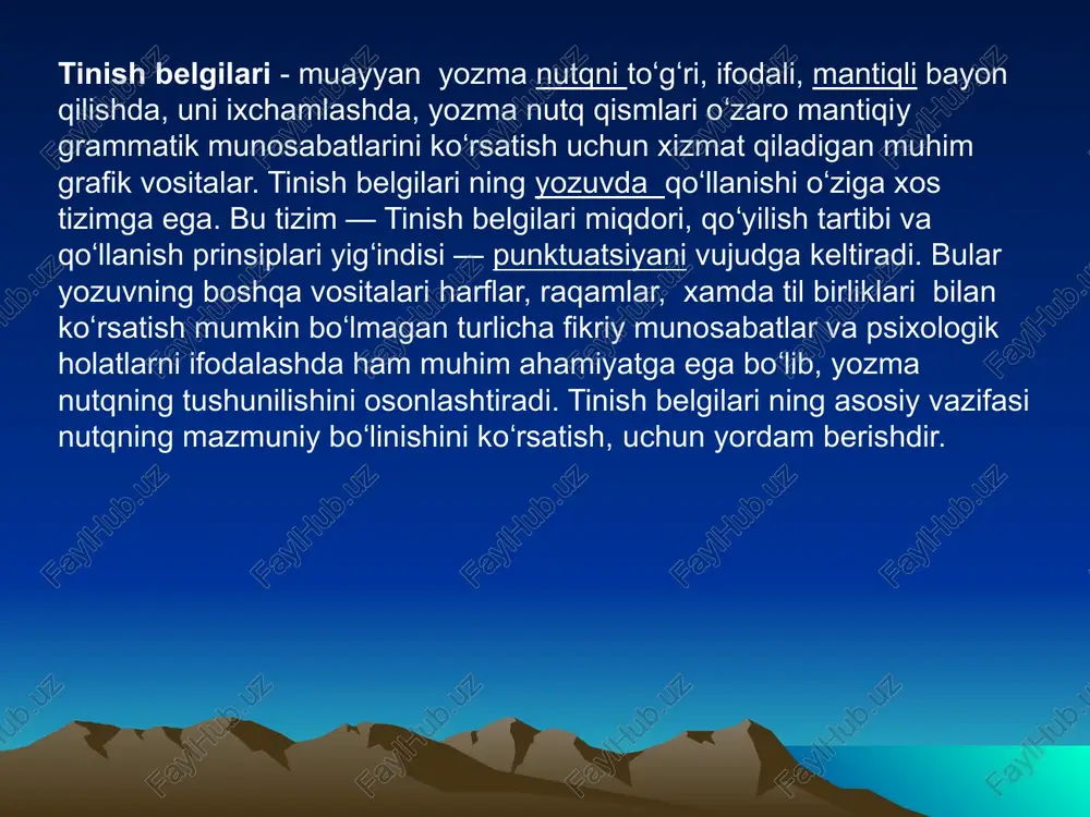 i bilmasdan ketaverdik. (e. vohidov) gaplarning birinchisida “hattoki tabobatga oid fikrlar ham asarda bor – bobur tabobatga ham qiziqqan”, ikkinchisida “shuncha – besh yil o‘qib ham navoiyni o‘qimadik” kabi propozitsiyalar tinish belgilari orqali ifodalangan. badiiy matn va tinish belgilari tinish belgilari muayyan fikrni ta’kidlash, emotsionallikni kuchaytirish, muhim jihatni ajratib ko‘rsatish usulidir. maxsus punktuatsion belgi – ko`p nuqta yordamida badiiy matnda sukut (jim qolish) usuli hosil qilinadi. masalan: tohir malikning “erkin” hikoyasiga diqqat qaratsak, unda eski tuzum davrida taqiqlangan kitoblarni izlab kelgan mas’ul idora xodimlaridan ularni yashirib qo‘ygan xonadon sohiblari ikkilanib, tutilib gapirishi ham ko`p nuqta yordamida ifodalanadi: — kitoblar qani deyapman?! — ularni... ularni yoqib yuborganmiz. — yoqib yuborganmiz? nimaga? — shu... nimaydi?.. qahramonning o‘ta kuchli hissiy holati, hayajoni tufayli uning nutqida yuzaga keladigan uzilishlarni kesish atamasi ostida o‘rganish mumkin. u tasalli berishga shoshildi: — e, hali ko‘rmagandek bo‘lib ketasiz! yigit bosh chayqadi: — qaydam... — hadeb o‘ylab siqilavermang-da! bu …