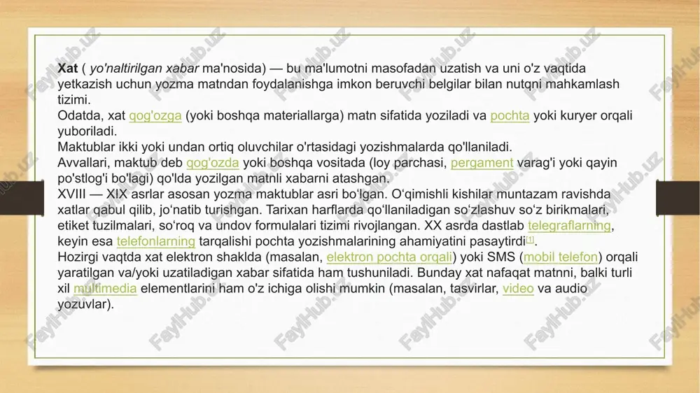 n yana bir pul talab qilishdi, internetda aytilganlarga ko'ra, men allaqachon to'laganman. buning yechimini topish uchun menejerga murojaat qilaman. ko'p gapirmay, xayrlashdi, ektor peres. imzo so‘rov xat-javob talab qilinadigan bunday yo'zishmalarda ma’lumotlar hujjatlar yoki boshqa zarur narsalar so'raladi. birgina xatda turli masalalarga doir bir necha so‘rovlar aks etmasligi kerak. bayon qilinayotgan masalalar aniq va ravshan bo‘lishi lozim. faqat shu holdagina yo‘llangan so‘rovga tez va mukammal javob olish mumkin. so'rov xati. odatda ikki asosiy qismdan: kirish vaxulosadan iborat bo‘ladi. kirishda so'rov yuborilish sababi ko‘rsatiladi, xulosa qismida esa xat yo‘llangan tashkiiotdan javob talab qilinayotgan masalalar kiritiladi. so’rov xati namunasi hurmatli janob/xonim. [qabul qiluvchining ismi], men sizga [so'rov sababi] bo'yicha yozyapman. men [murojaat qilinayotgan joy yoki muassasaga] [nima talab qilinayotgani] uchun ariza bermoqchiman. meni [siz talab qilayotgan narsani xohlash sabablari, masalan, tegishli ko'nikmalar, tajriba yoki qiziqishlar] qiziqtiradi. shu munosabat bilan men ushbu xatga [agar mavjud bo'lsa, qo'shimcha hujjatlarni] ilova qildim. bundan tashqari, men …