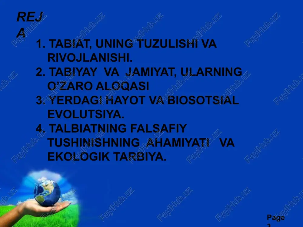 n chambarchas bog`liq demakdir, zero inson tabiatning bir qismidir, uning farzandi, rivojining gultojidir. mazkur holat avvalambor tabiat inson va jamiyat paydo bo’lishining etakchi omili ekanligi ko’rinadi. talbiatning falsafiy tushinishning ahamiyati free powerpoint templates page ‹#› tabiat rivojining majmui bo’lishi insoniyat tabiatga tobora ko’p o’z ta’sirini ko’rsatadi, inson faqat har xil o’simlik va hayvonot turlari o’rnini o’zgartiribgina qolmay, binobarin ularni shu darajada o’zgartirdiki, uning faoliyati natijasida er shari umumiy o’limga mahkum bo’lgandagina u bilan birga yo’q bo’lib ketishi mumkin. shunday qilib, inson nafaqat tabiatni o’rganib biladi, balki o’zini o’rab turgan dunyoni o’zgartiradi, «ijod» qiladi ham. biroq landshaft (tabiat manzarasi)ni g`oyat o’zgartirib yuborgan va koinotgacha chiqa olgan insoniyat hech qachon tabiatdan uzilib ketaolmaydi, u hamma vaqt uning bag`rida yashaydi. insoniyat, koinot, tabiat, jamiyat free powerpoint templates page ‹#› jamiyat inson hayot faoliyatining tarixiy shakli sifatida hech qachon odamdarning oddiy birlashmasi bo’lgan emas va bo’lmaydi ham. jamiyat odamlar, ishlab chiqarish, iqtisodiy, madaniy va …