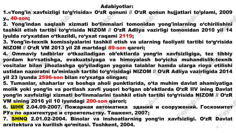 moiy va (yoki) texnik xususiyatga ega maxsus shartlar; 6 yong'in xavfsizligi talablarining buzilishi — yong'in xavfsizligi talablarini bajarmaslik yoki lozim darajada bajarmaslik; yong'in-texnik mahsuloti — yong'in xavfsizligini ta’minlashga mo‘ljallangan maxsus texnik, ilmiy-texnik va intellektual mahsulotlar, shu jumladan yong'inni o‘chirish texnikasi va asbob-uskunalari, yong'inni o‘chirish aslaha-anjomlari, olovni o‘chirish va olovdan himoya qilish moddalari hamda materiallari, maxsus aloqa va boshqarish vositalari, elektron hujjatlar, elektron hisoblash mashinalari uchun dasturiy mahsulotlar va ma’lumotlar bazalari, shuningdek yong'inlarning oldini olish hamda ularni o‘chirishning boshqa vositalari; 7 yong'in xavfsizligini ta’minlash tizimi - yong'inlarning oldini olish hamda ularni o‘chirishga qaratilgan huquqiy, tashkiliy, iqtisodiy, ijtimoiy va ilmiy-texnik chora-tadbirlar, shuningdek kuchlar va vositalar majmuidan iborat. yong'in xavfsizligini ta’minlash tizimi sub’ektlari – davlat va xo‘jalik boshqaruvi organlari, mahalliy davlat hokimiyati organlari, fuqarolarning o‘zini o‘zi boshqarish organlari, shuningdek korxonalar, muassasalar, tashkilotlar va fuqarolardir. 8 tashkilotlarni majburiyatlari: yong'in xavfsizligi talablariga rioya qilish; yong'indan saqlash xizmati mansabdor shaxslarining qonuniy talablarini bajarish; yong'in xavfsizligi chora-tadbirlarini …