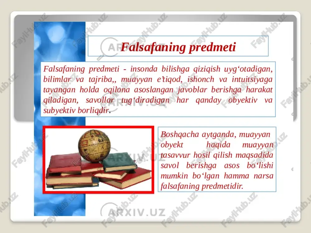ish falsafasi bo’lib, olamni anglash, bilish azariyasi, bilishning shakli, usullari va imkoniyatlari to’g’risidagi ta’limotdir. aksiologiya — qadriyatshunoslik yoki qadriyatlar to’g’risidagi falsafiy ta’limot. praksiologiya — insonning predmetli-o’zgartiruvchan, amaliy faoliyati to’g’risidagi falsafiy ta’limot metodologiya — bilish va o’zgaruvchan faoliyat usullari to’g’risidagi ta’limot. logika — tafakkur shakllari (tushuncha, hukm, xulosa) va tafakkur vositalarini (ta’rif, qoida, muhokama, tafakkur qonuniyatlari), ularning mazmunidan qat’i nazar, xolis o’rganuvchi ta’limot. etika — axloq falsafasi, insoniyatning axloqiy tamoyillari, talab va tartib-qoidalari to’g’risidagi fan. estetika — nafosat falsafasi, jamiyat va inson hayotida go’zallikning o’rni, qonun-qoidalari to’g’risidagi qarashlar majmui. bundan tashqari, inson falsafasi (antropologiya), ijtimoiy falsafa, tabiat falsafasi, madaniyat falsafasi (kulturologiya), san’at falsafasi, mafkura falsafasi (ideologiya), din falsafasi (teologiya), siyosat falsafasi (politologiya), huquq falsafasi, texnika falsafasi kabi sohalar ham mavjudki, ular bir so’z bilan ijtimoiy-falsafiy fanlar tizimi deyiladi. ikkinchi xil klassifikatsiya falsafiy fanlar tasnifida olam va odam, borliqning asosi bilan bog’liq masalalar qanday usulda hal qilinishiga qarab belgilanadi. bunday tasniflash natijasida …