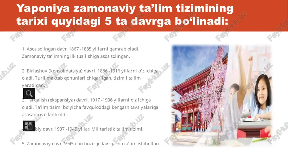 davomida o‘zlashtirar ekan. maktabgacha tarbiya odatda oiladan boshlanadi. yapon ayollari uchun onalik birinchi o‘rinda turadi. ko‘pgina yapon ayollarining aytishlaricha, bola tarbiyasi – ularning hayotlarining maqsadlaridir. yapon tarbiyachilarining bolalarni kichik guruhlarga “xan”larga bo‘lib o‘qitishlari tarbiyaning asosiy xususiyatlaridan biri hisoblanadi. bu bolalarda qarorlar qabul qilishga, o‘zgalar fikrini hurmat qilish, guruh a’zolarini barchasini tashabbuskor bo‘lishga o‘rgatadi. bunday usul kichik maktablarda ham, o‘rta maktablarda ham davom etadi. bu guruhlar o‘rtacha har 5 oyda shakllanib turadi. yapon bolalariga sinfni boshqarish juda yoqadi. shuning uchun har kuni bolalarning o‘zlari boshqaruvchi tanlaydilar. har bir bola bu vazifani bajarib ko‘radi. image1.jpeg image2.jpeg image3.jpeg image4.png image5.png image6.jpeg image7.jpeg image8.jpeg image9.jpeg /docprops/thumbnail.jpeg ao6po noxanosate 8 powerpoint!