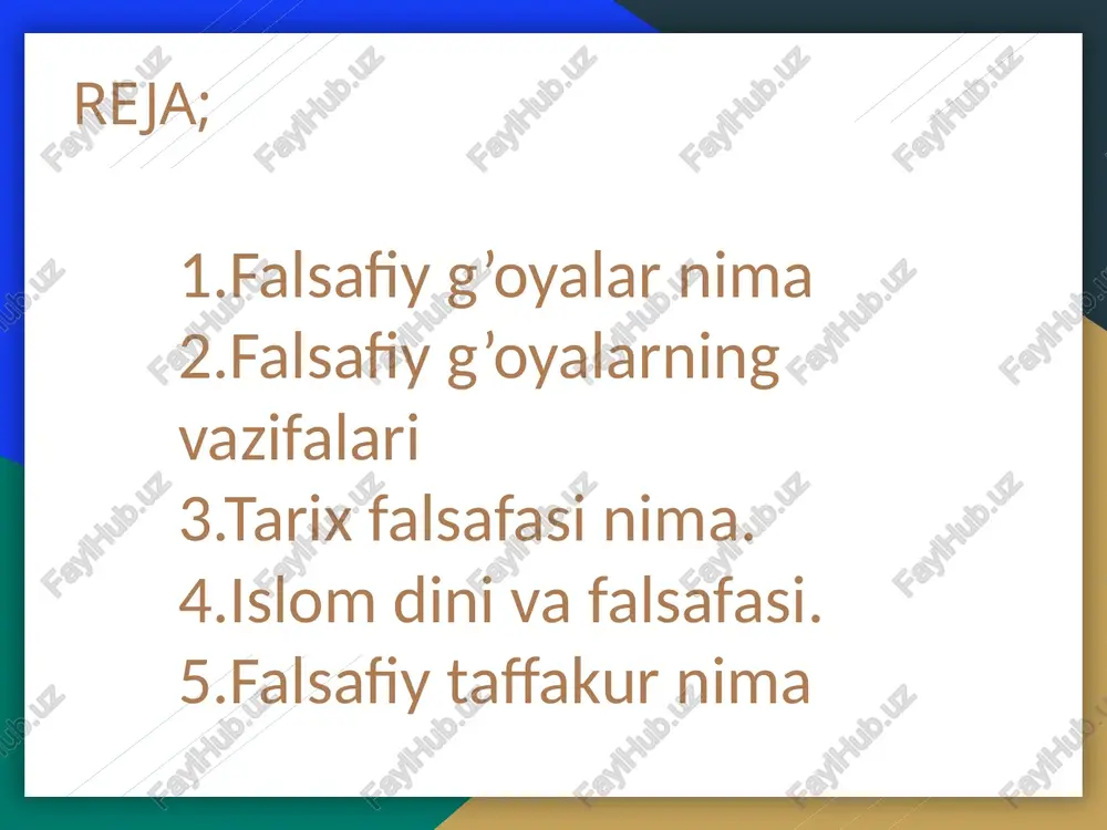 yaratish kun tartibidagi eng dolzarb vazifa bo`lib qolmokda. 2.falsafiy g’oyalarning vazifalari. falsafaning vazifalari (funksiyalari). bu fanning ijtimoiy fanlar tizimidagi o`rni va ahamiyati uning dunyoqarashni shakllantirish, uslubiy, gnoseologik, evristik, pedagogik-didaktik, prakseologik vazifalari (funksiyalari) bilan belgilanadi.bundan avvalgi ma’ro`zamizda falsafiy dunyoqarashning genezisi, vazifasi va ahamiyati haqida ancha batafsil to`xtalib o`tgan edik. ushbu ma’ro`zada esa, unga qo`shimcha qilib, falsafa fan sifatida dunyoqarashni shakllantirish borasida qanday vazifani bajaradi, degan savolga javob topishga harakat qilamiz. falsafa fanining dunyoqarashni shakllantirish borasidagi vazifasi: - birinchidan, inson qarashlarining shakllanish imkoniyatlari, usul va vositalarini, ularning kundalik ong darajasidan nazariy g`oyalar darajasiga kotarilish jarayonini, mifologik dunyo qarashdan farqlarini; - ikkinchidan, milliy dunyoqarashni shakllantirishdagi turli fan yo`nalishlarining muayyan vazifalarini, ularning bir-biri bilan g`oyaviy hamkorlik qilish va uyg`unlashuv tamoyilini; - uchinchidan, ilmiy dunyoqarashning milliy va umuminsoniy manfaatlarga mos kelishini aniqlashda namoyon bo`ladi. falsafa fanining uslubiy vazifasini izohlash uchun avvalo uslub (metodologiya) tushunchasini bilib olish lozim. metodologiya — falsafa fanining tadqiqot ob’ektini o`rganishga yo`naltirilgan …