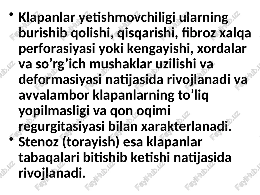 al klapanning ifodalangan yetishmovchiligida chap bo’lmacha va chap qorincha qisqarish faoliyati sustlashadi, kichik qon aylanish doirasi venalarida ham bosim oshadi, chq yetishmovchiligi rivojlanadi. kasllik uzoq davom etganda o’ng qorincha va o’ bo’lmacha gipertrofiyasi va dilatasiyasi rivojlanadi, keyinroq esa katta qon aylanish doirasida dimlanish belgilari namoyon boladi. aortaga otilib chiqayotgan qon hajmining kamayishi – mitral yetishmovchilikning ikkinchi muhim oqibatidir. og’ir holatlarda aortaga otilib chiqayotgan qon ch qorincha umumiy zarb hajmining 70 yoki 50 % ini tashkil etadi. qonning qolgan qismi chq va chb o’rtasida aylanib yuradi. natijada chq va chb zo’riqib ishlashiga qaramasdan aortaga otilib chiqayotgan qon hajmi va ichki a’zolar hamda periferik to’qimalar perfuziyasi kamayadi mitral regurgitasiyaning 4 darajasi farqlanadi: i daraja— mitral regurgitasiya chq zarbhajmining 15% ini; ii daraja— 15–30% ni; iii daraja— 30–50%ni; iv daraja—50% dan ortiq hajmini tashkil qiladi. klinika klapanning kuchsiz yetishmovchiligida bemorning shikoyatlari bo`lmasligi mumkin klapanning biroz va yaqqol darajali yetishmovchiligida – tez charchash, hansirash, …