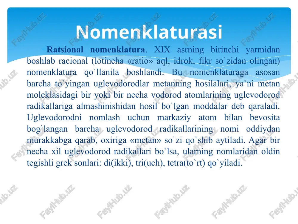 dlarning galogenli – yodli, bromli ayrim hollarda esa xlorli hosilalari (galoid alkillar)ga natriy metali ta’sir ettirish orqali amalga oshiriladi. viyurs reaksiyasi. agar reaksiya uchun har xil tuzilishga ega bo’lgan galoid alkillar olinsa, uch xil uglevodorodlarning aralashmasi hosil bo’ladi, ya’ni bu reaksiyaning mexanizmini rus olimi p.p. sharigin o’rgangan bo’lib, bunga ko’ra reaksiya ikki bosqichda boradi: dastlab galoid alkil natriy metali bilan oraliq mahsulot natriy organik birikmani hosil qiladi: oraliq mahsulot galoid alkilning ikkinchi molekulasi bilan ta’sir etib to’yingan uglevodorodlarni hosil qiladi: kimyoviy xossalari. to’yingan uglevodorodlar kimyoviy jihatdan deyarli inert birikmalar bo’lib, tegishli sharoit yaratilgandagina parchalanish va almashinish jarayonlariga kirisha oladilar. galogenlash. to’yingan uglevodorodlar galogenlar bilan yorug’lik ta’sirida reaksiyaga kirishadilar. reaksiya ftor bilan portlash (ayrim hollarda xlor bilan ham) orqali sodir bo’ladi. metanni xlorlash reaksiyasi: to’yingan uglevodorodlarni yorug’lik ta’sirida (foto kimyoviy) xlorlash reaksiyasi radikal zanjirli mexanizm bilan borishi isbotlangan. n.n. semenov metanni xlorlash reaksiyasi mexanizmi quyidagicha borishini tavsiya etgan: bromlash reaksiyasi xlorlashga …