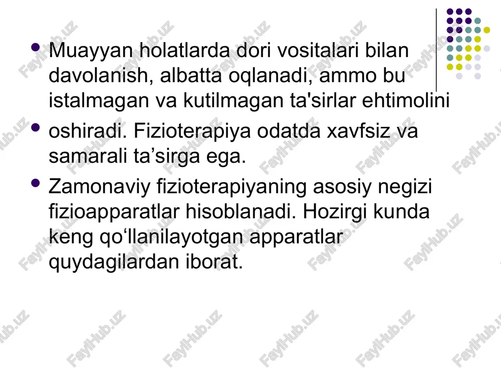 faol hujayra jarayonlarini boshlash, tiklanish va tiklanishni faollashtirish imkonini beradi. shu sababli, uvch nevrologik amaliyotda juda keng qoʻllaniladi: bu usul periferik asab tizimi orqali elektr impulslarining oʻtkazilishini yaxshilash, asab tugunlarida sezgirlikni kamaytirish va shu sababli ogʻriqni yoʻqotish imkonini beradi. uvch - terapiya muolajalari paytida toʻqimalardan yuqori chastotali elektromagnit maydon oʻtadi. uning energiyasi asosan yuqori qarshilikka ega boʻlgan toʻqimalar (teri, asab toʻqimalari, teri osti toʻqimalari, suyaklar) tomonidan soʻriladi. ular qon tomirlarining kengayishini keltirib chiqarishga, ogʻriq retseptorlarining qoʻzgʻaluvchanligini kamaytirishga, immunitet jarayonlarini kuchaytirishga imkon beradigan optimal darajadagi fizioterapevtik davolash usulidir. uvch uchun koʻrsatmalar;  yuqori nafas yoʻllarining surunkali yalligʻlanish kasalliklari, traxeya, bronxlar, oʻpka;  ogʻiz boʻshligʻi kasalliklari, koʻchirilgan maxillofasiyal jarrohlik aralashuvlar;  yumshoq toʻqimalar, suyak toʻqimalari, boʻgʻimlarning shikastlanishi;  gematomalar;  oshqozon-ichak trakti kasalliklari;  reproduktiv tizimning surunkali kasalliklari;  terining yalligʻlanish kasalliklari va boshqalar. uvch terapiyasiga qarshi koʻrsatmalar.  sil kasalligi;  leykemiya;  qon ivishining buzilishi;  jigar, buyraklar, yurakning ogʻir …
