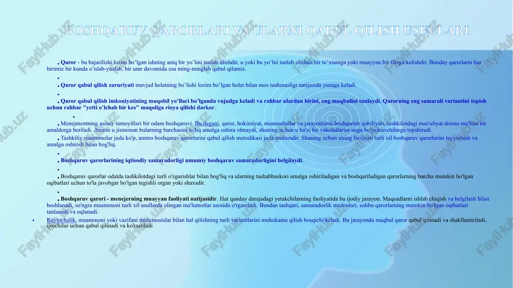 tiv usul. buning uchun avval jarayon qatnashchisi bo‘lgan shaxslar ishtirokini aniqlash lozim. ko‘pincha bu vaqtinchalik kollektiv bo‘lib uning tarkibiga boshqaruvchi va boshqariluvchilar kiradi. bunday guruh shakllanishidagi asosiy mezonlar: vakolatlilik, tashabbuskor masalalarni yecha olish qobiliyati, moslashuvchanlik va fikrlashning nazariy mulohazasi kiradi. kollektiv shaklda guruhiy ishlar turlicha bo‘lishi mumkin: majlis, suhbat, komissiyaga ish va boshqalar. boshqaruv qarorini tayyorlashdagi eng ko‘p tarqalgan kollektiv usullarga: «aqliy hujum», «delfi usuli», «kingisyo» — yapon doiraviy qaror qabul qilish tizimi. miqdoriy qaror qabul qilish usuli. uning asosi- ilmiy-tajribali yondashuv, bunda katta sig‘imdagi axborotni (ehm yordamida) qayta ishlash yo‘li bilan optimal qarorni tanlash tushuniladi. model asosida qo‘llanilgan matematik funksiyalar turiga qarab ular quyidagicha farqlanadi: chiziqli modellashtirish — bunda chiziqli bog‘liqlik qo‘llaniladi; dinamik programmalashtirish — bu masalada qaror qabulqilish jarayoni qo‘shimcha o‘zgarishlarni kiritish imkonini beradi; ehtimollik va statistik usullar — umumiy xizmat qilish nazariyasi usulida amalga oshiriladi; o‘yin nazariyasi — bu holatda modellashtirishda, qaror qabul qilish turli bo‘g‘inlarni, qiziqishlarni …